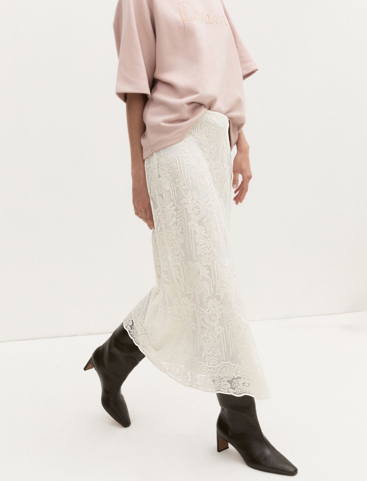 Embroidered tulle pencil skirt - WOOL WHITE - Emme - 5