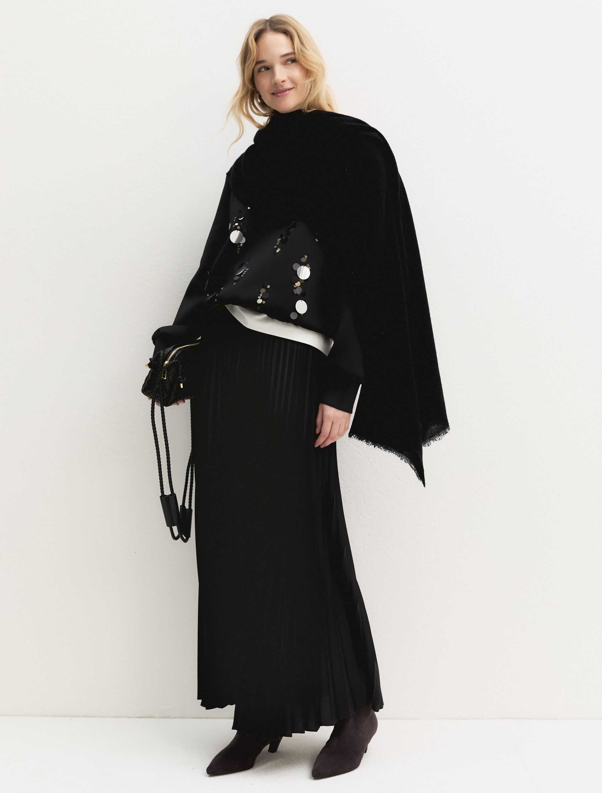Pleated stretch-satin skirt - BLACK - Emme - 1