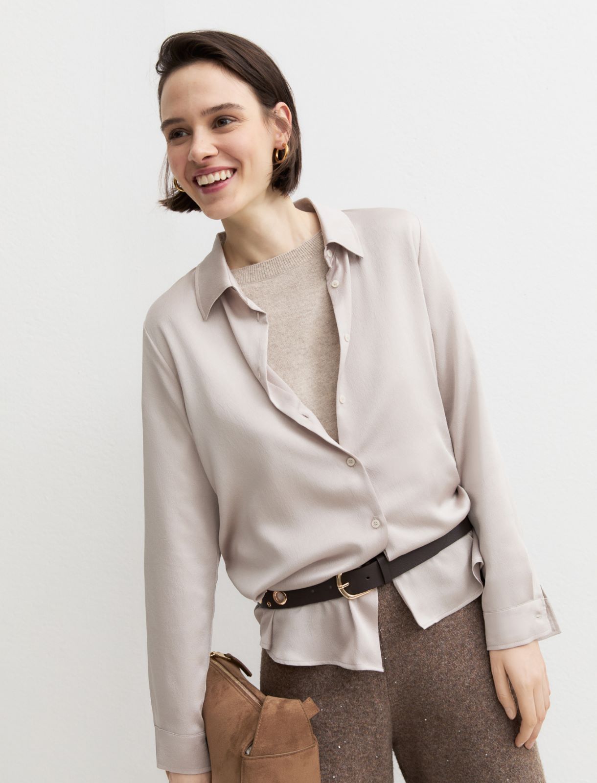 Crinkle hammered satin shirt - ECRU - Emme - 4