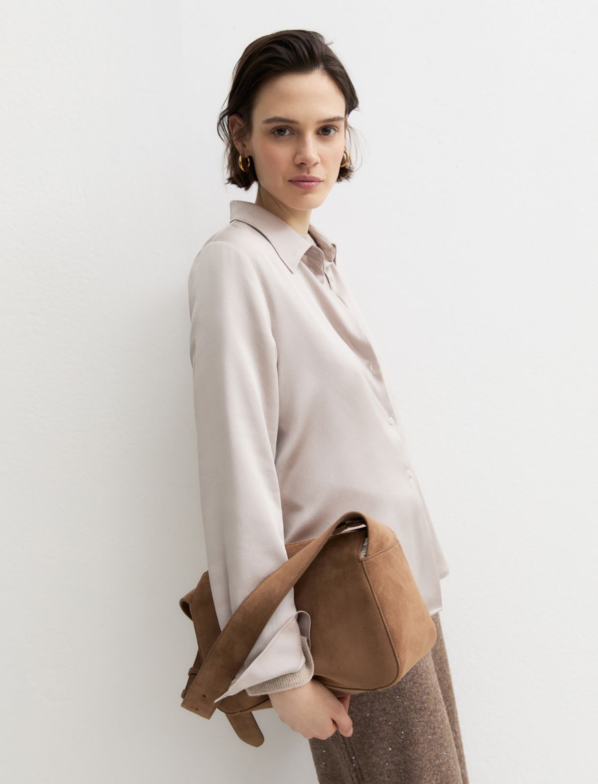 Crinkle hammered satin shirt - ECRU - Emme - 5