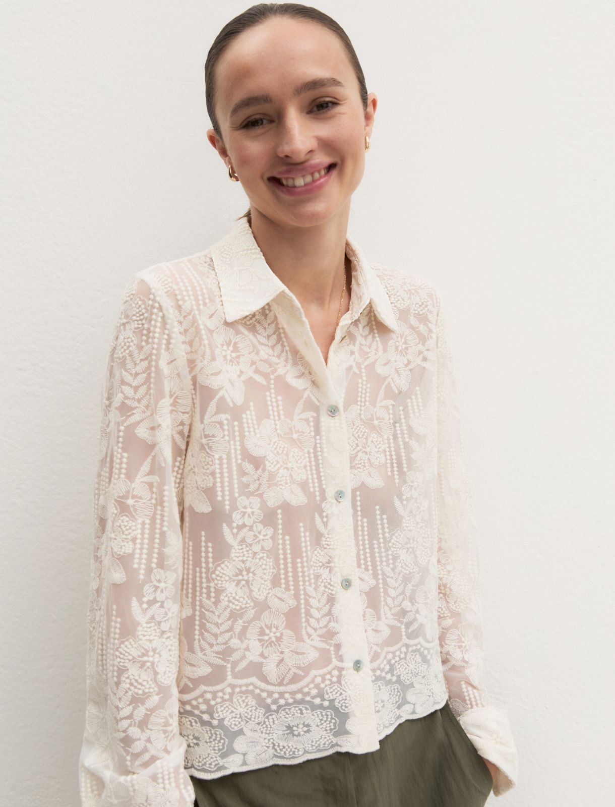 Cropped embroidered tulle shirt - WOOL WHITE - Emme - 4