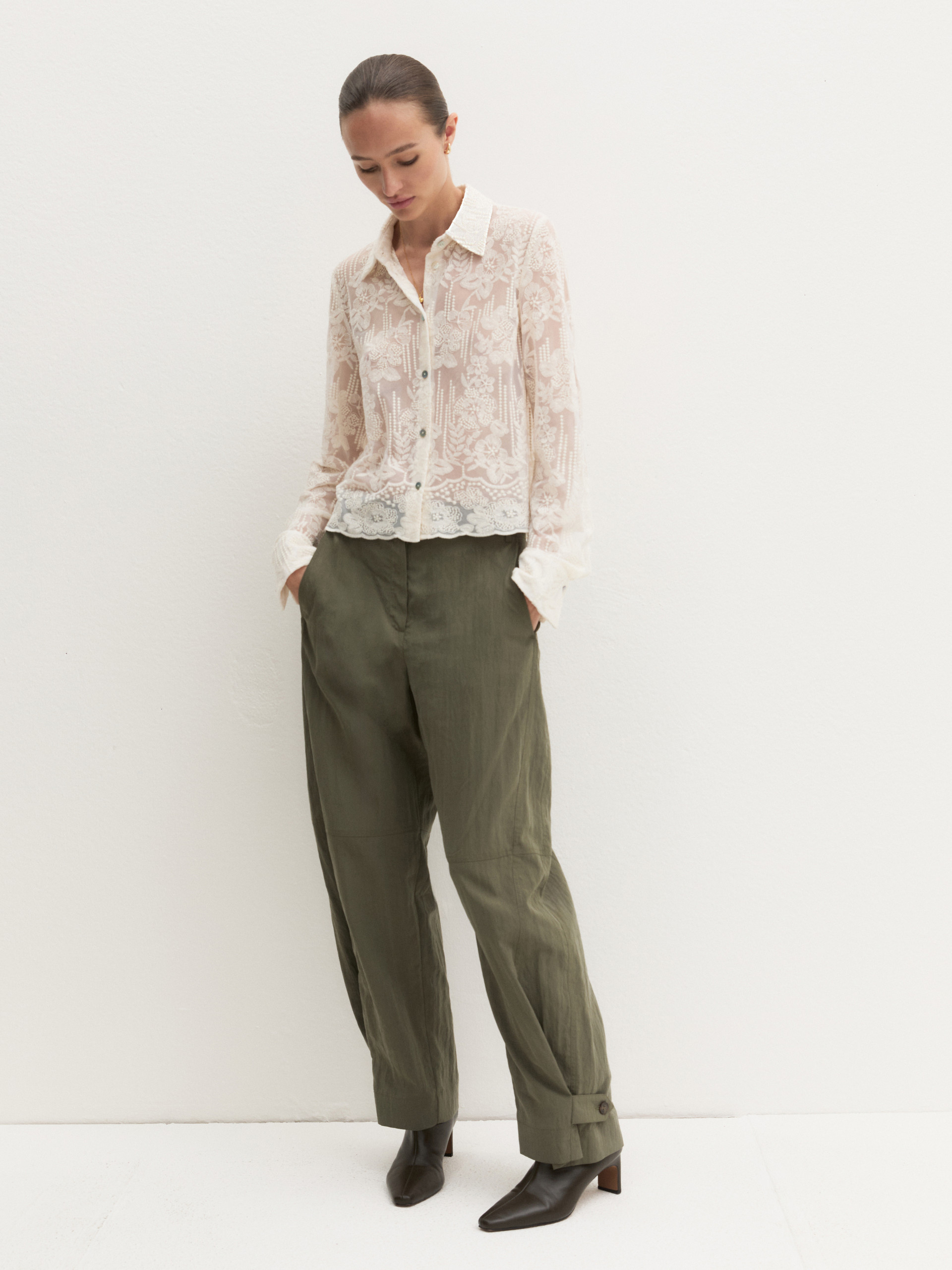 Cropped embroidered tulle shirt - WOOL WHITE - Emme - 1
