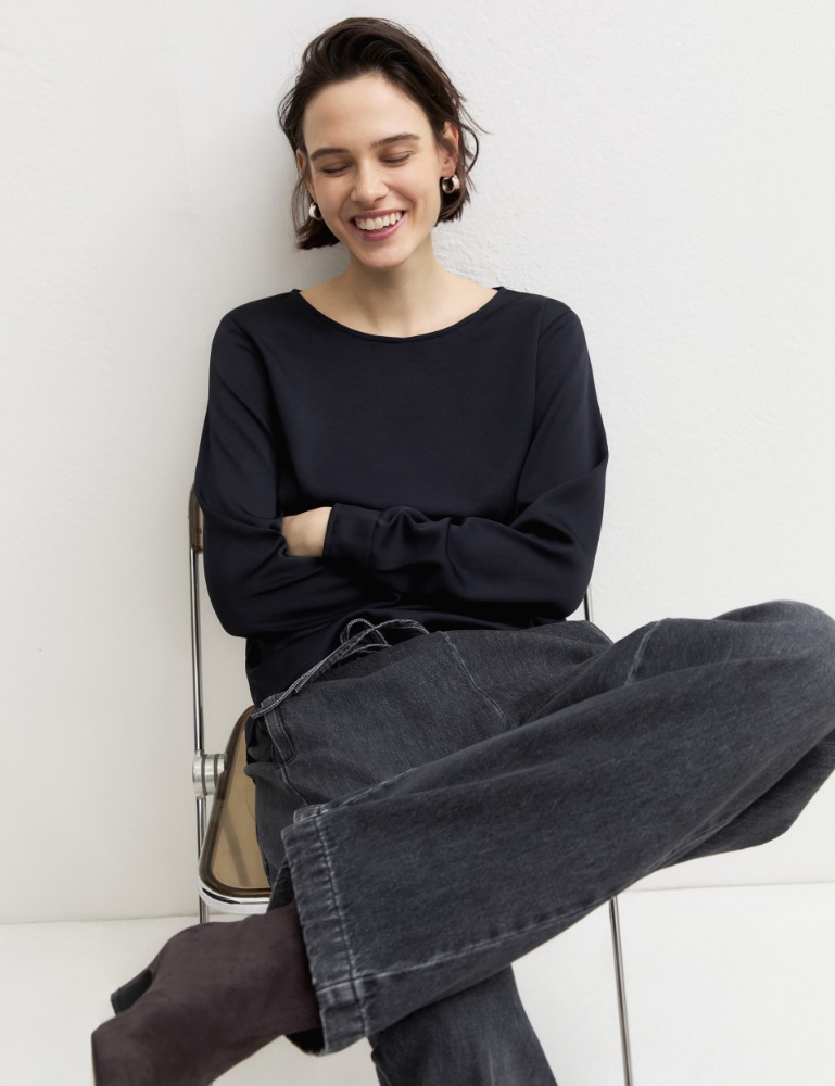 Crinkle hammered-satin blouse - NAVY