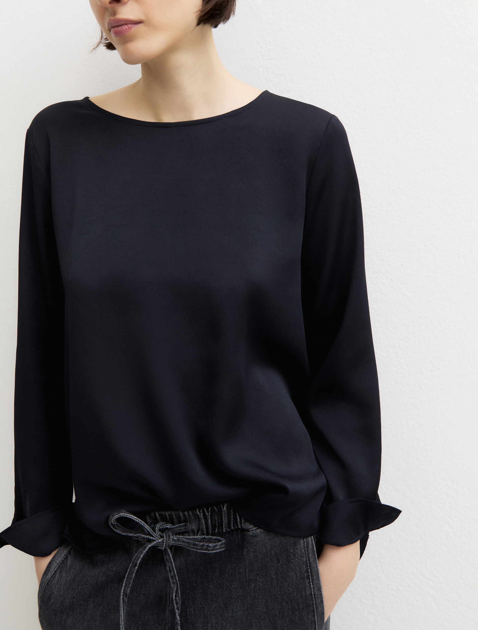 Crinkle hammered-satin blouse - NAVY - Emme - 5