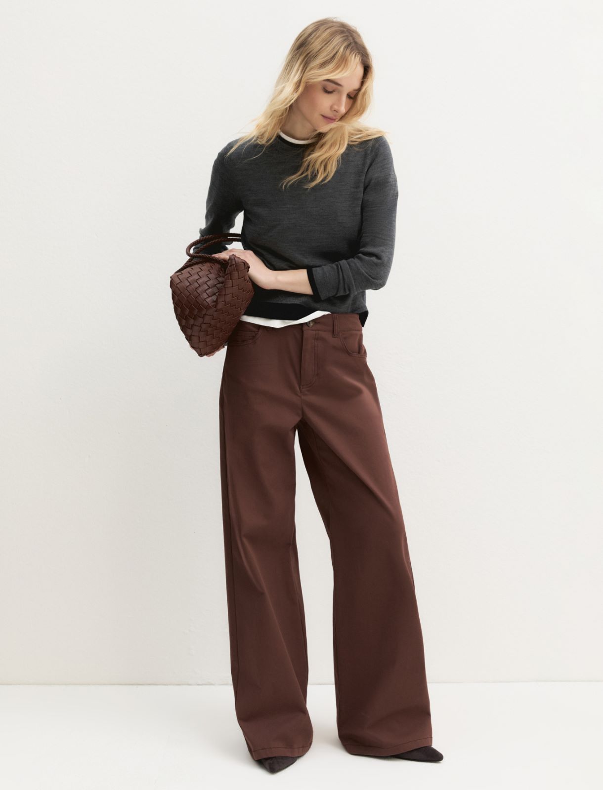 Stretch satin five-pocket trousers - BROWN - Emme