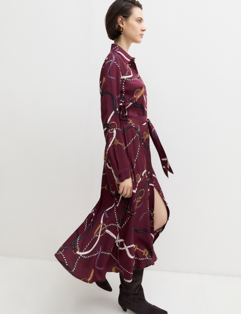 Long printed twill shirt dress - DARK BROWN