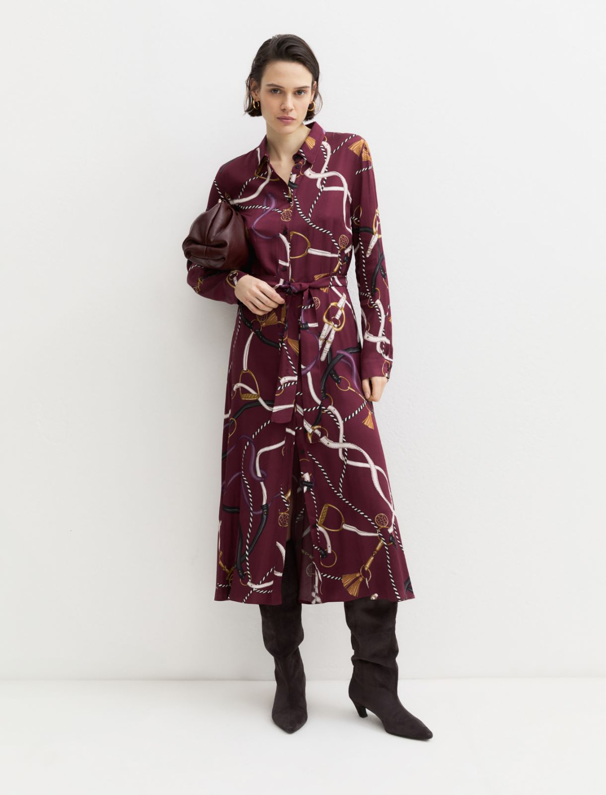 Long printed twill shirt dress - DARK BROWN - Emme