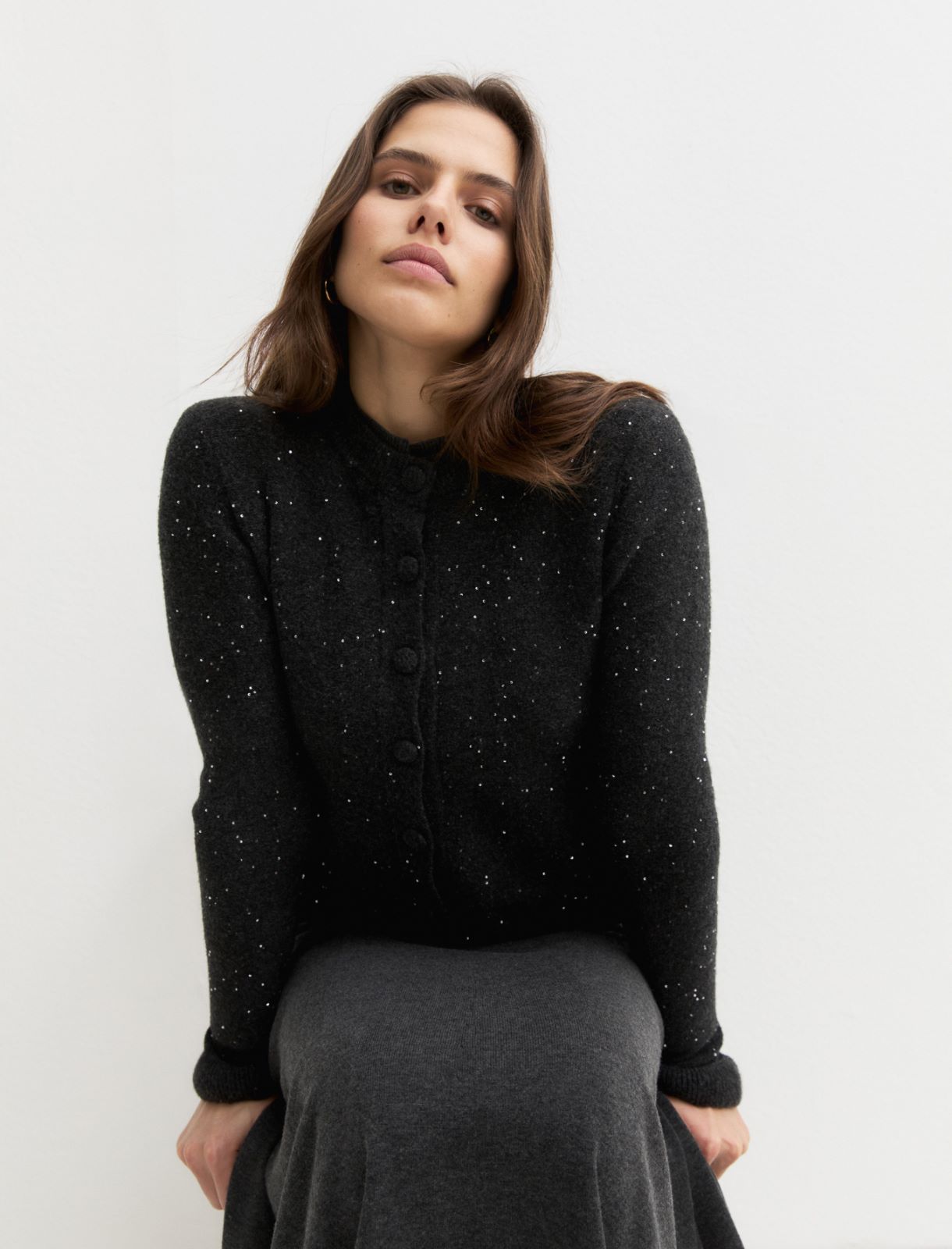 Sequinned wool-blend cardigan - MELANGE DARK GREY - Emme - 5