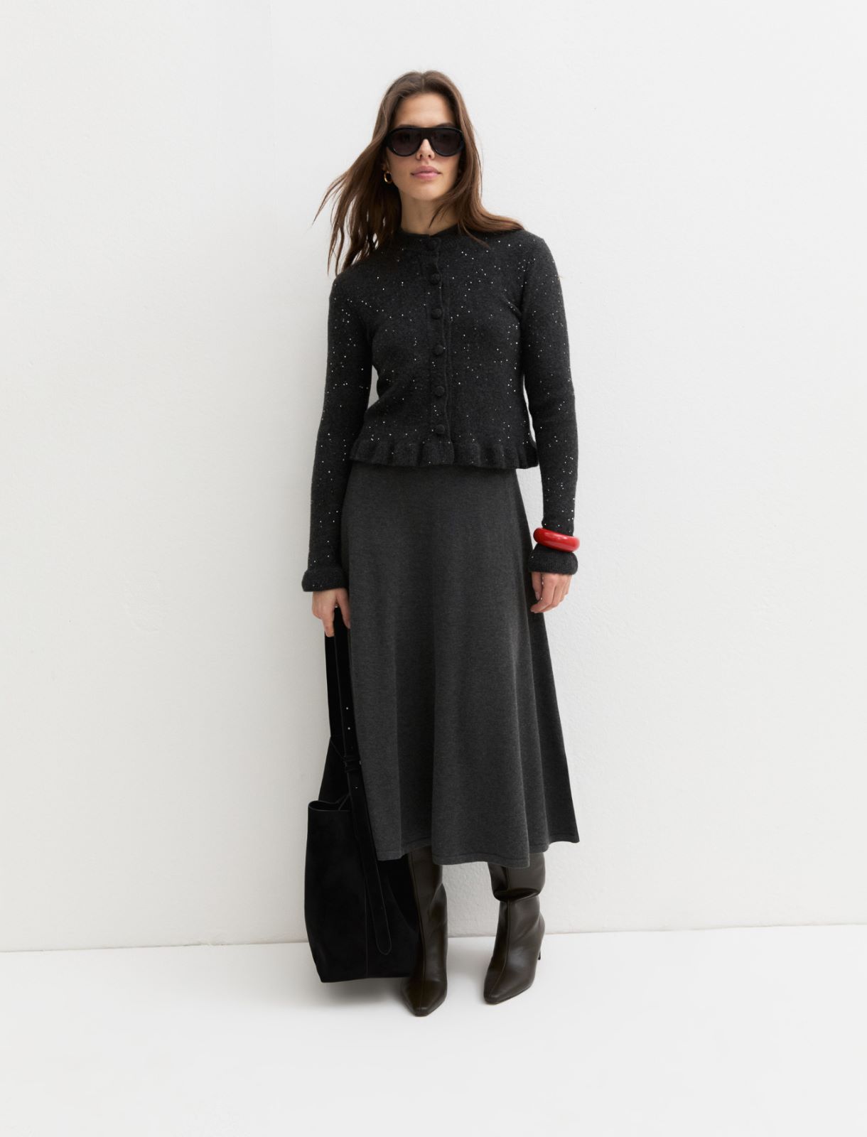 Sequinned wool-blend cardigan - MELANGE DARK GREY - Emme
