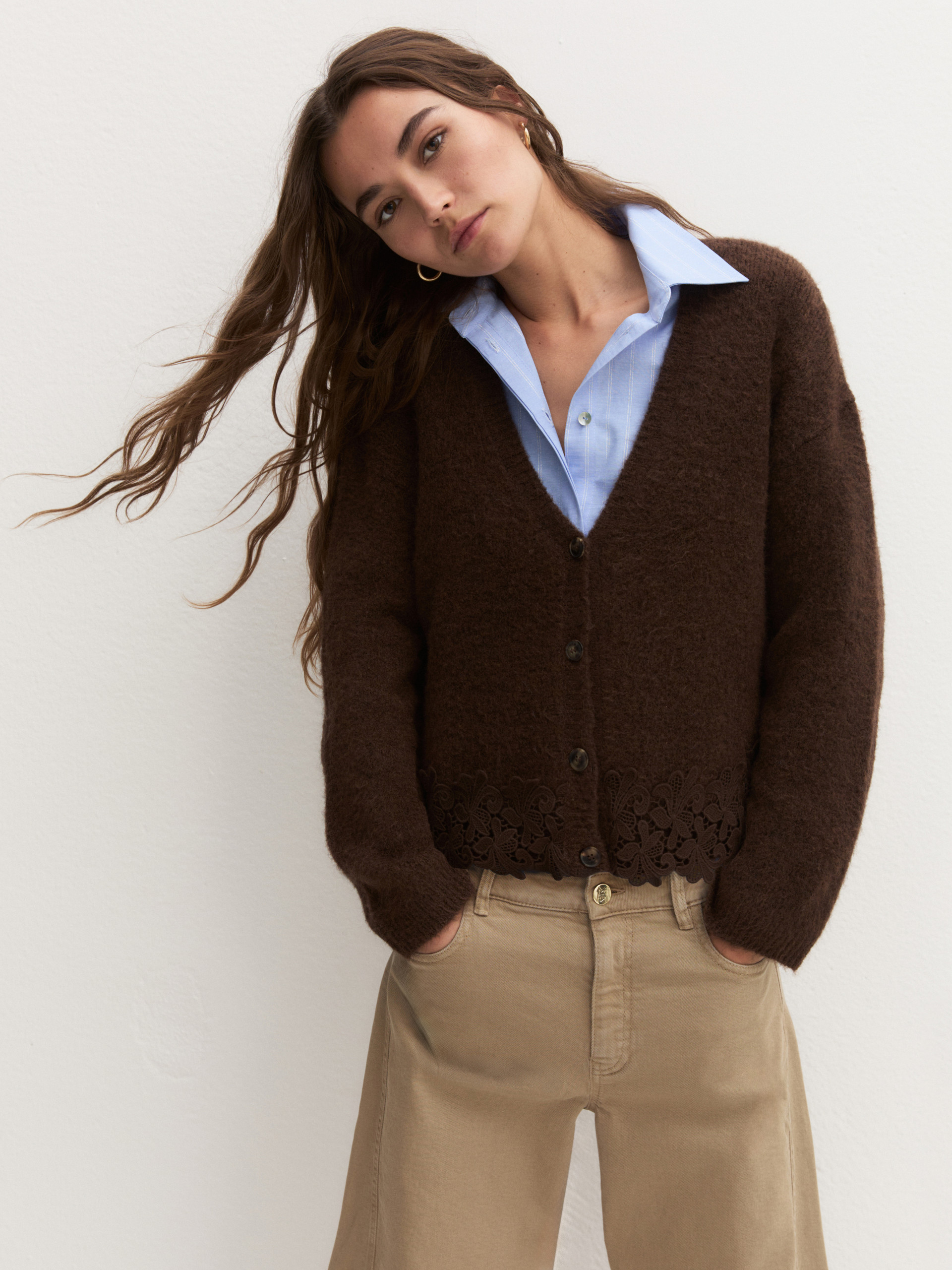 Cropped wool-blend cardigan - CHOCOLATE - Emme - 4