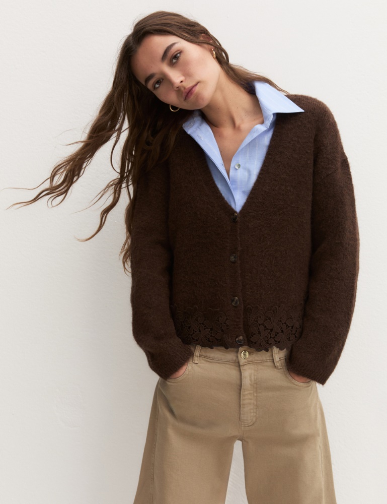 Cropped wool-blend cardigan - CHOCOLATE