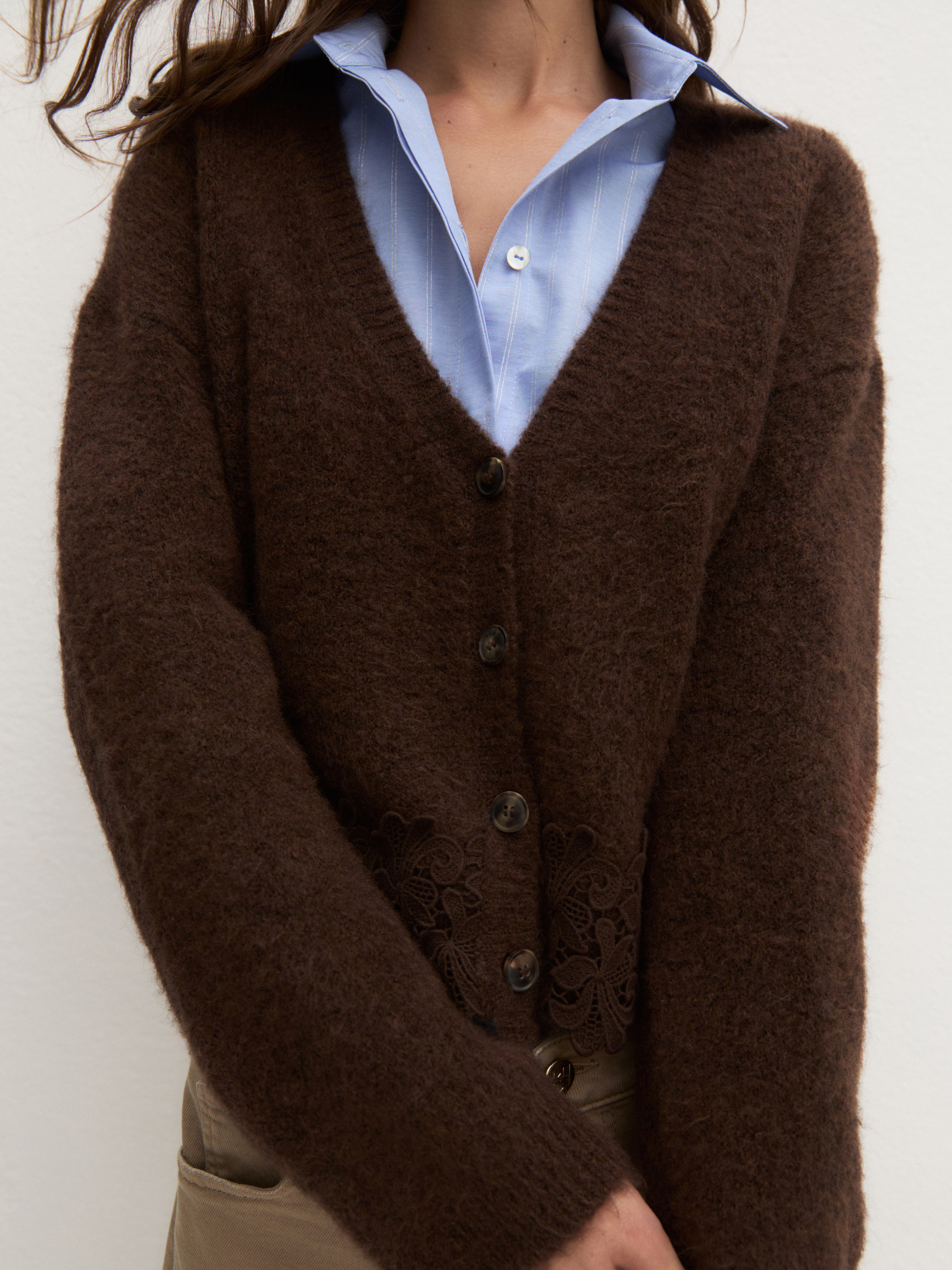 Cropped wool-blend cardigan - CHOCOLATE - Emme - 5