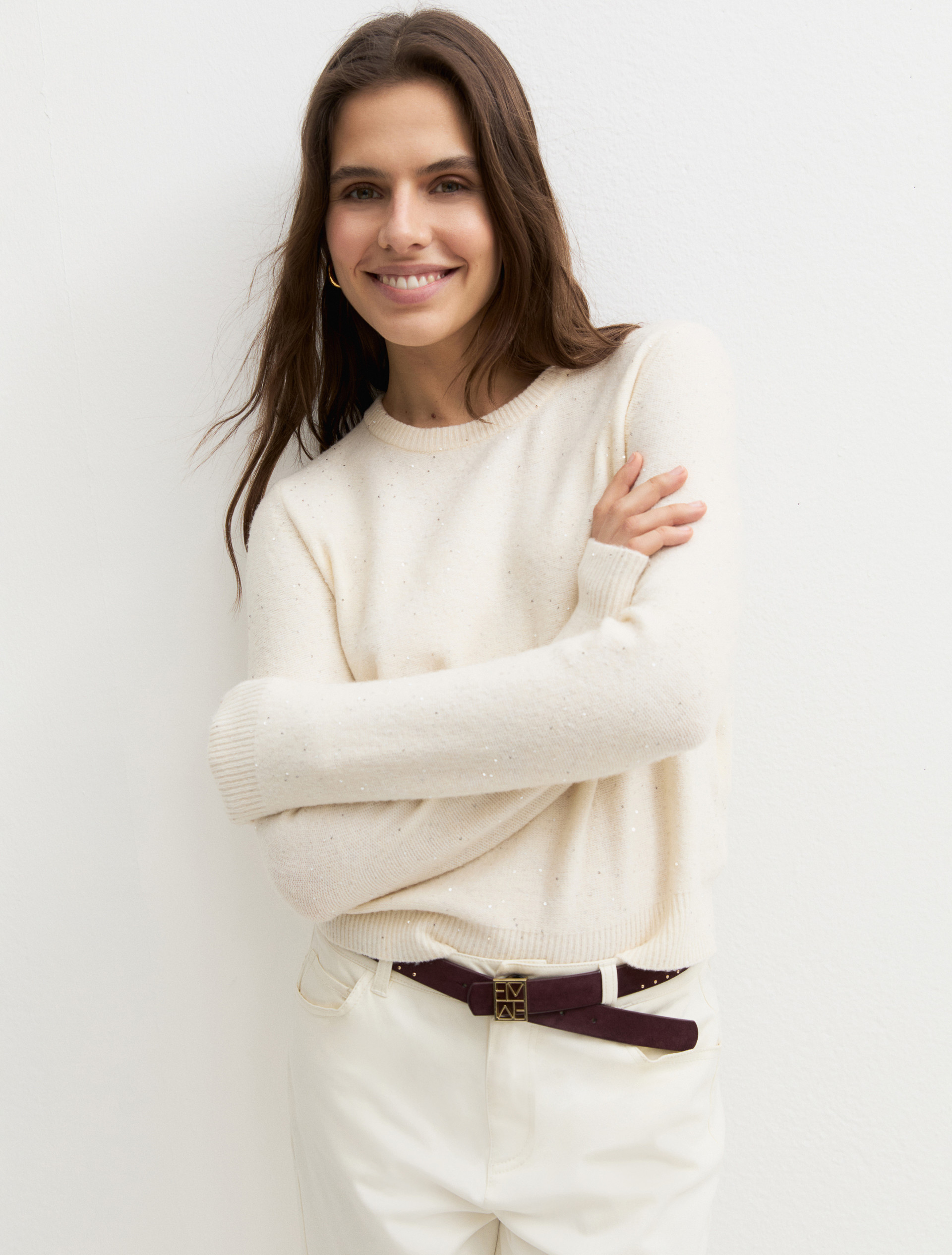 Sequinned crew-neck jumper - CREAM - Emme - 3