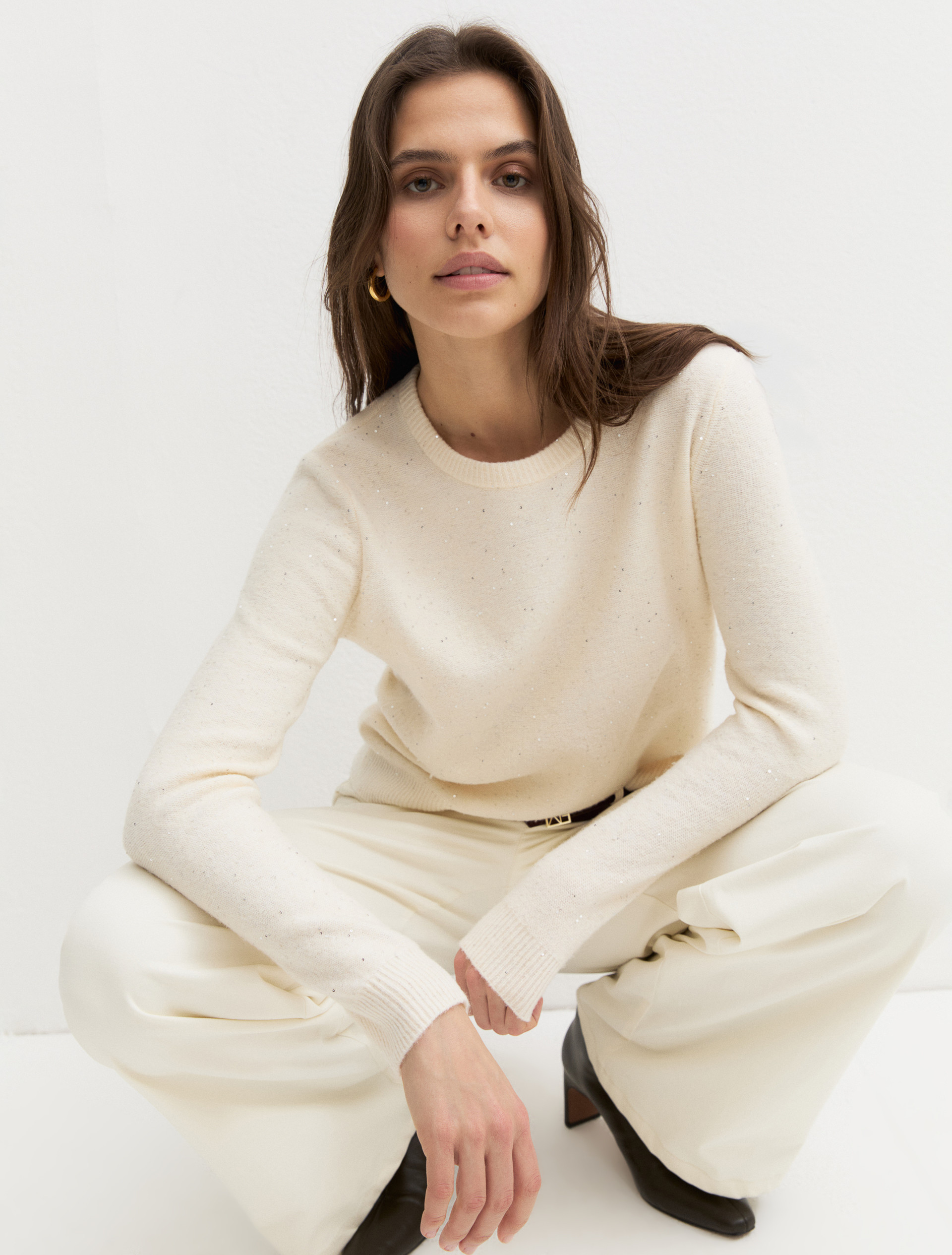 Sequinned crew-neck jumper - CREAM - Emme - 4