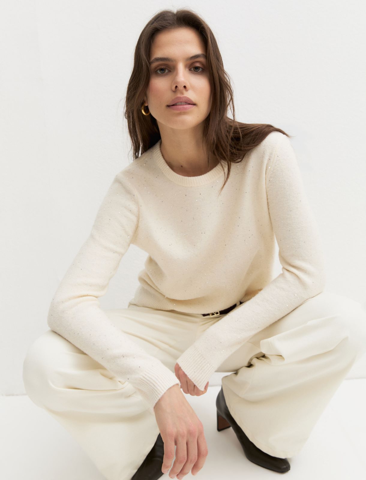 Sequinned crew-neck jumper - CREAM - Emme - 4