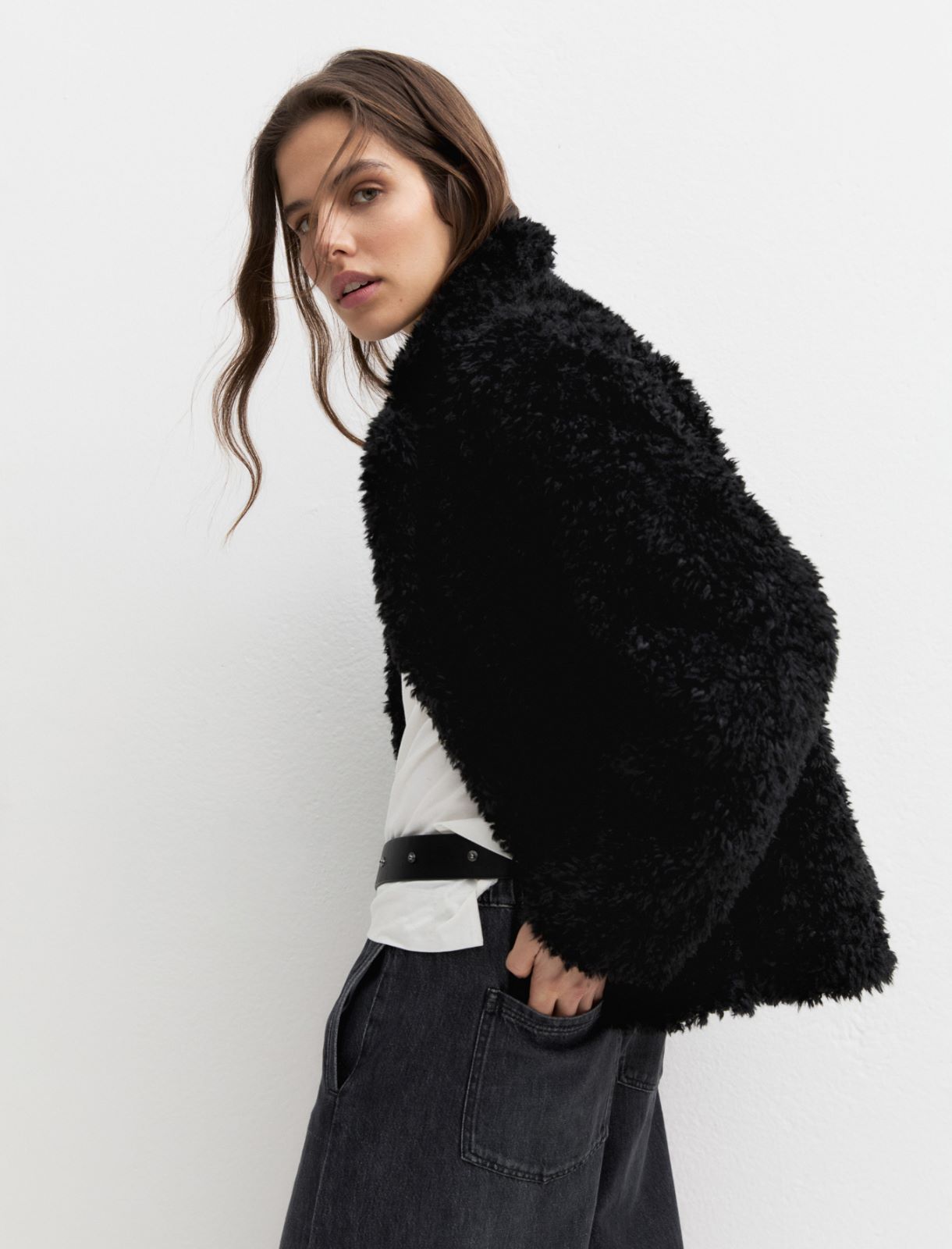Coat in furry fabric - BLACK - Emme - 3