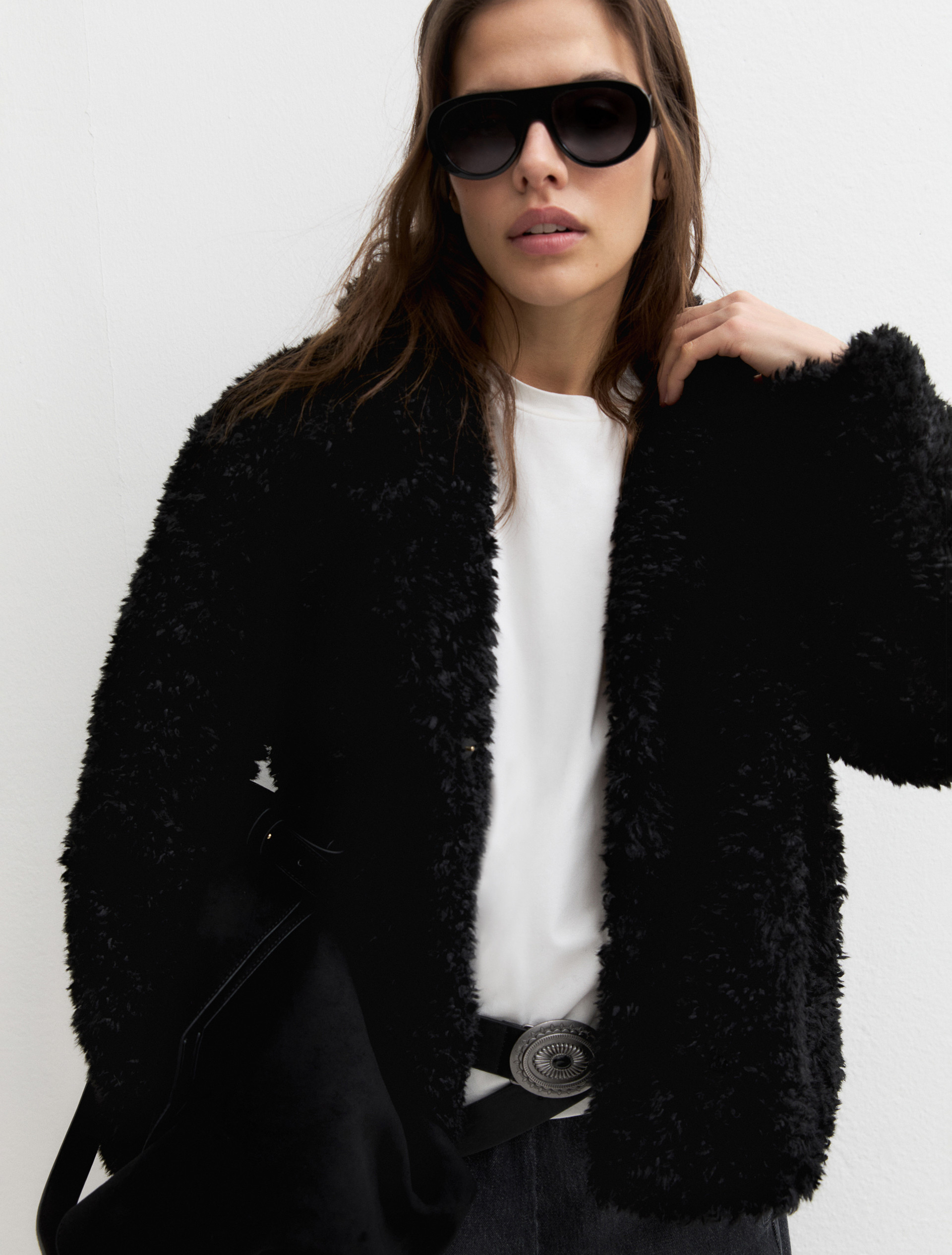 Coat in furry fabric - BLACK - Emme - 7