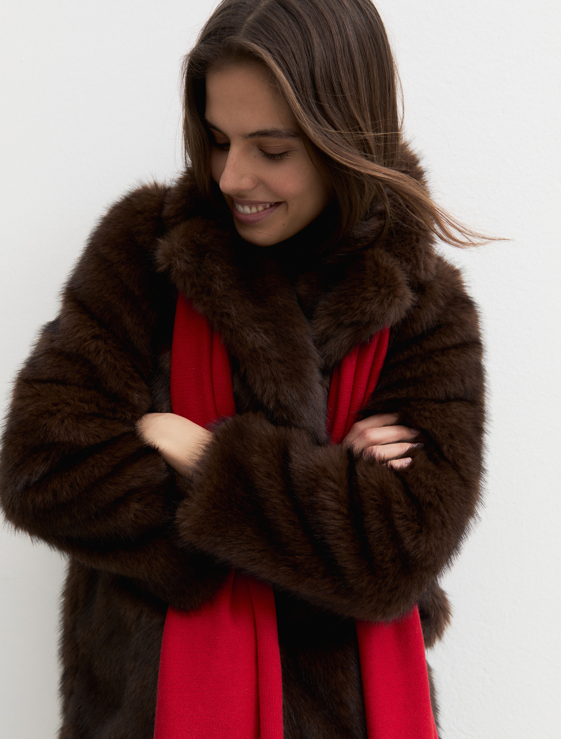 Furry-effect jersey coat - BROWN - Emme - 3