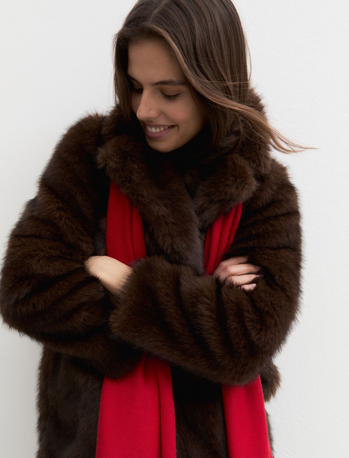 Furry-effect jersey coat - BROWN - Emme - 3