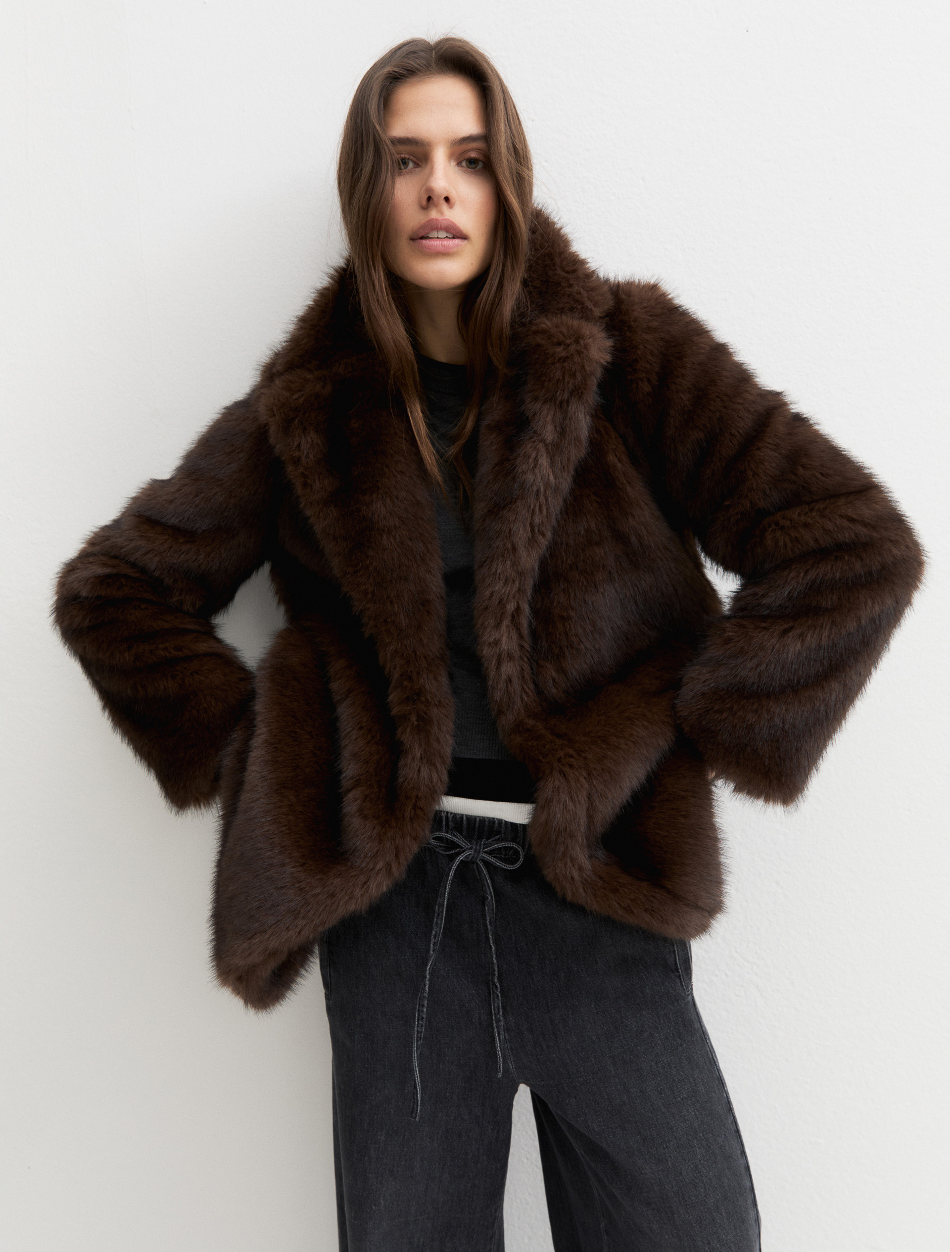 Furry-effect jersey coat - BROWN - Emme - 4