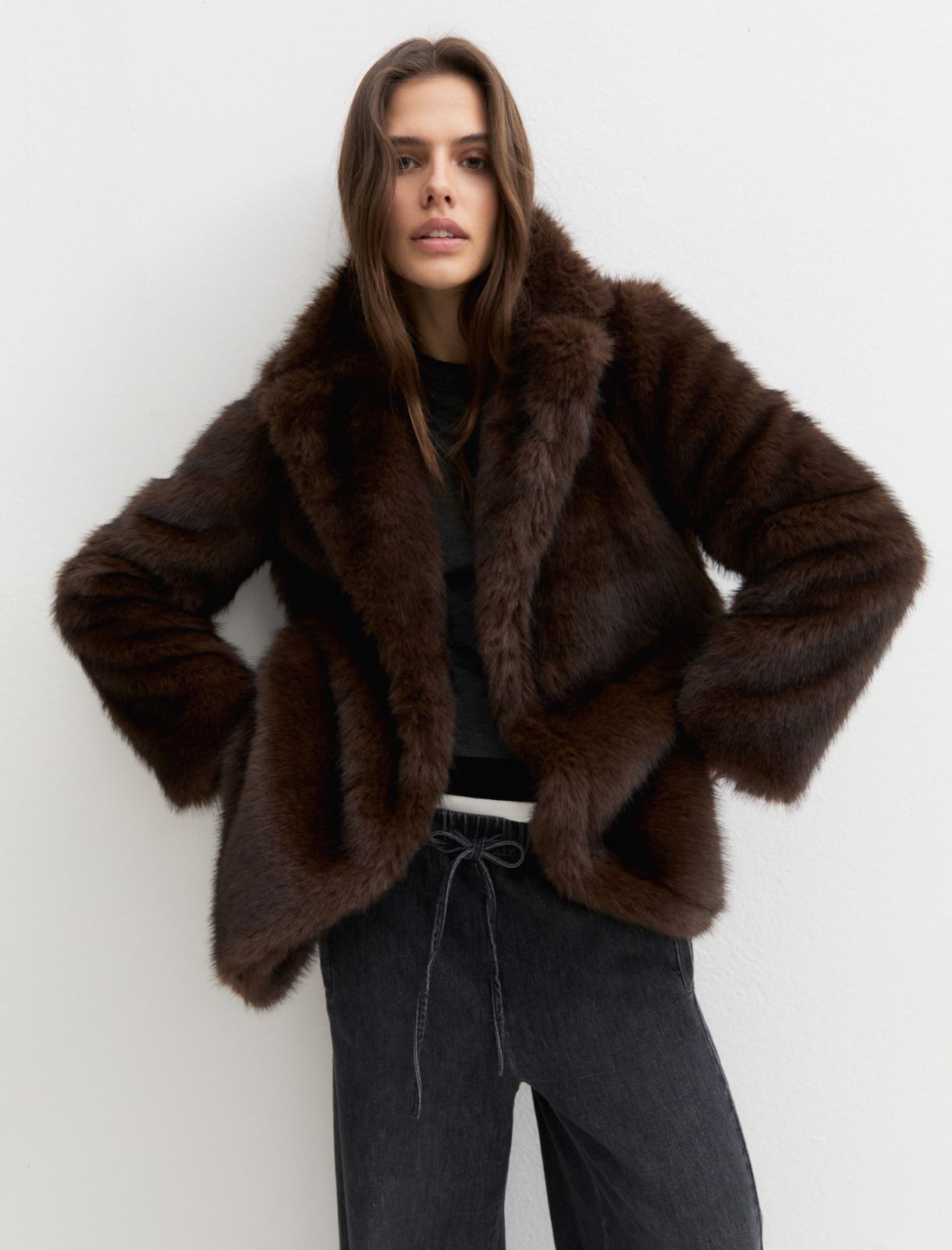 Furry-effect jersey coat - BROWN - Emme - 4