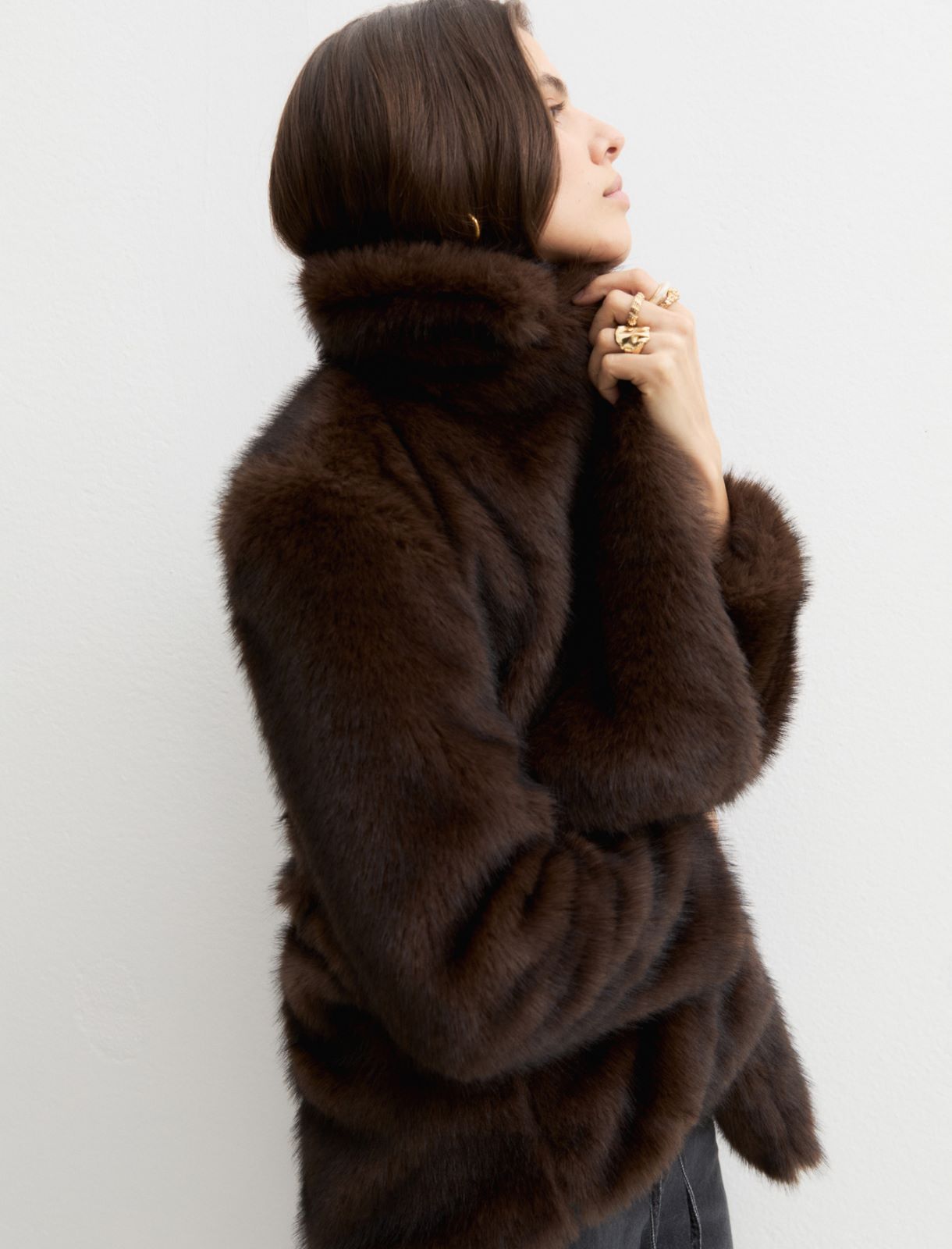 Furry-effect jersey coat - BROWN - Emme - 7