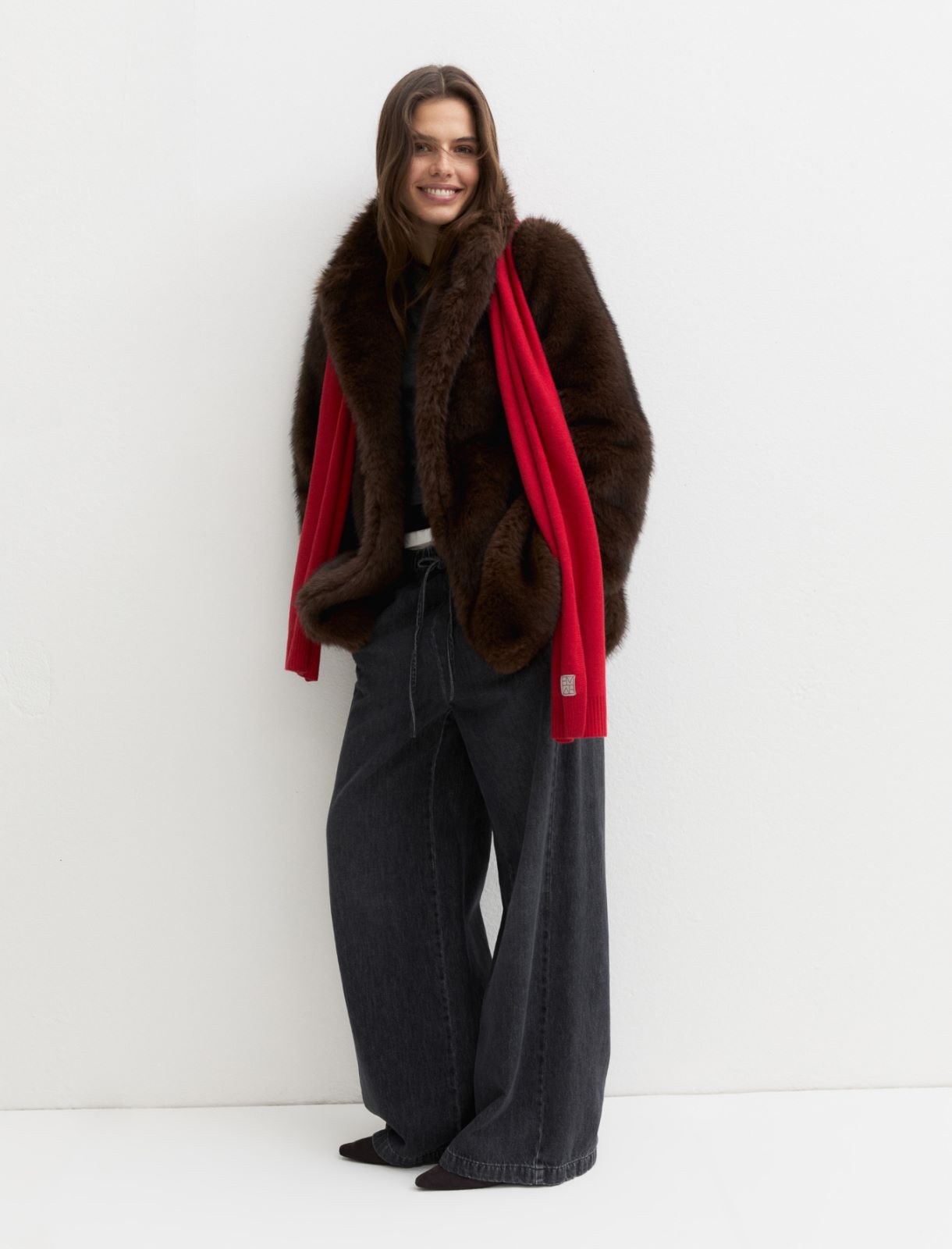 Furry-effect jersey coat - BROWN - Emme