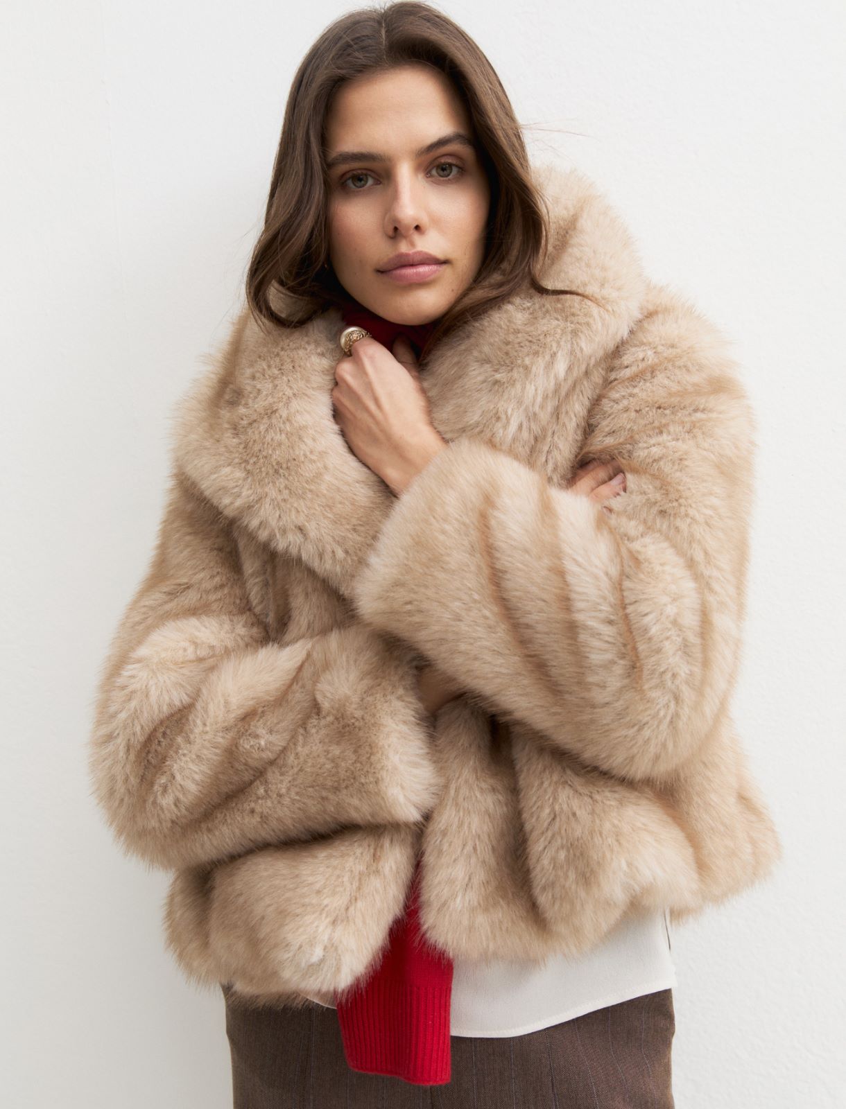 Short furry-effect jersey coat - ECRU - Emme - 4