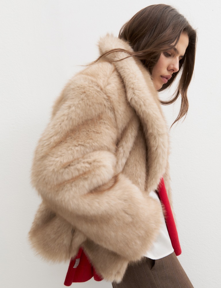 Short furry-effect jersey coat - ECRU