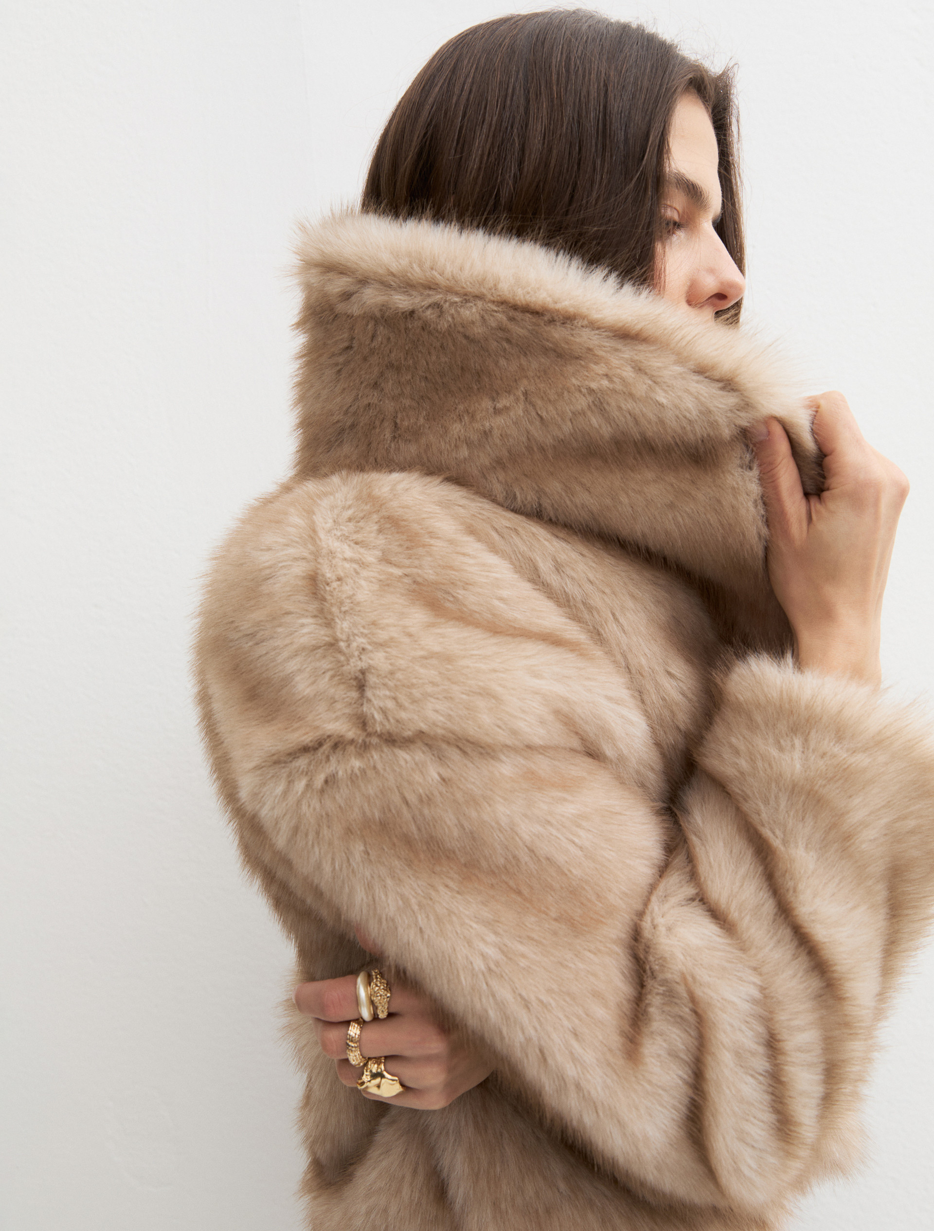 Short furry-effect jersey coat - ECRU - Emme - 6