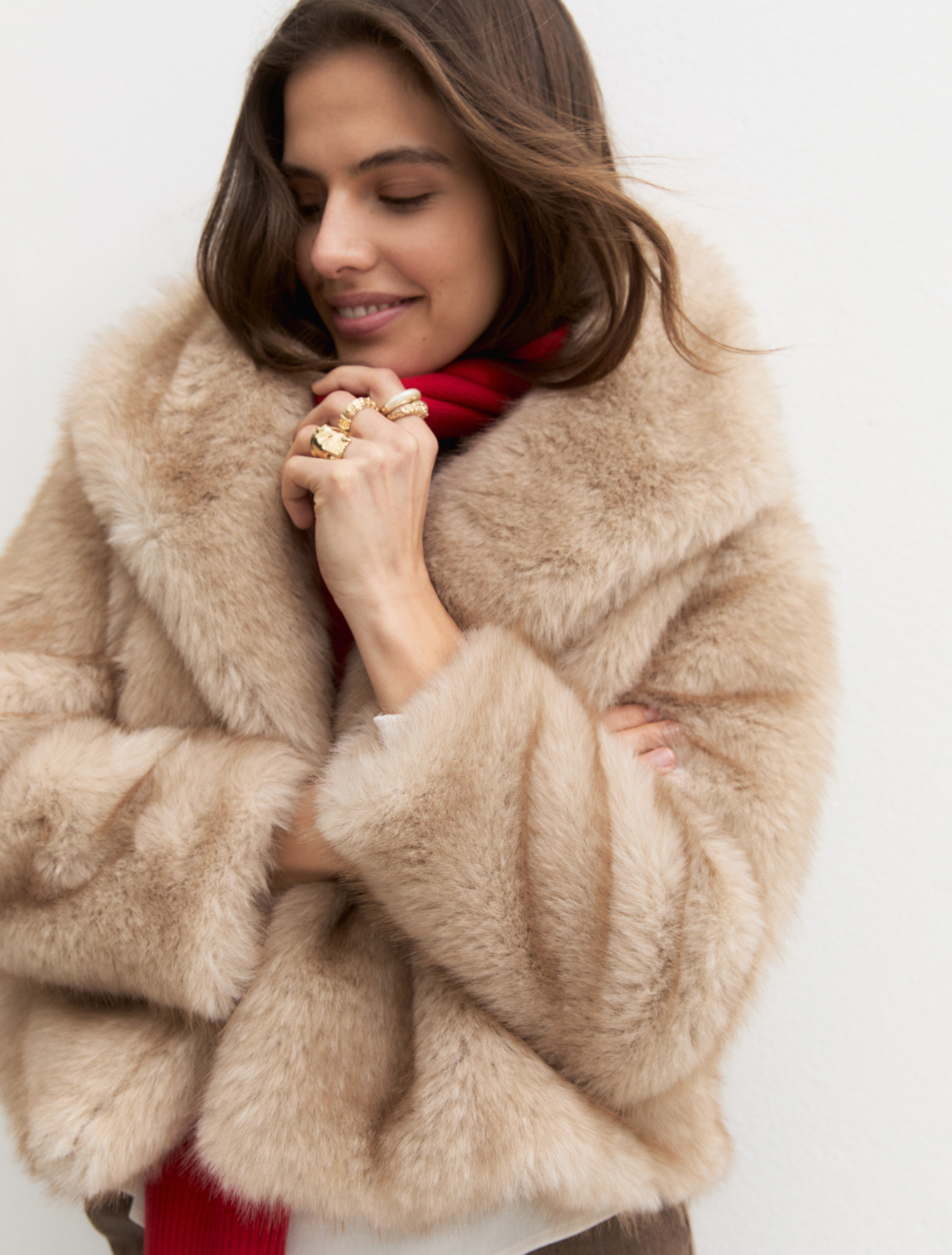 Short furry-effect jersey coat - ECRU - Emme - 8