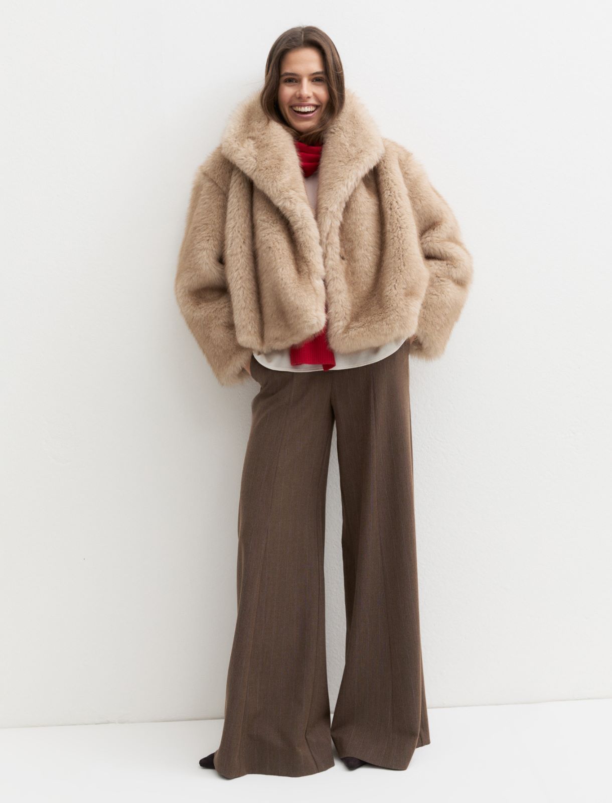 Short furry-effect jersey coat - ECRU - Emme