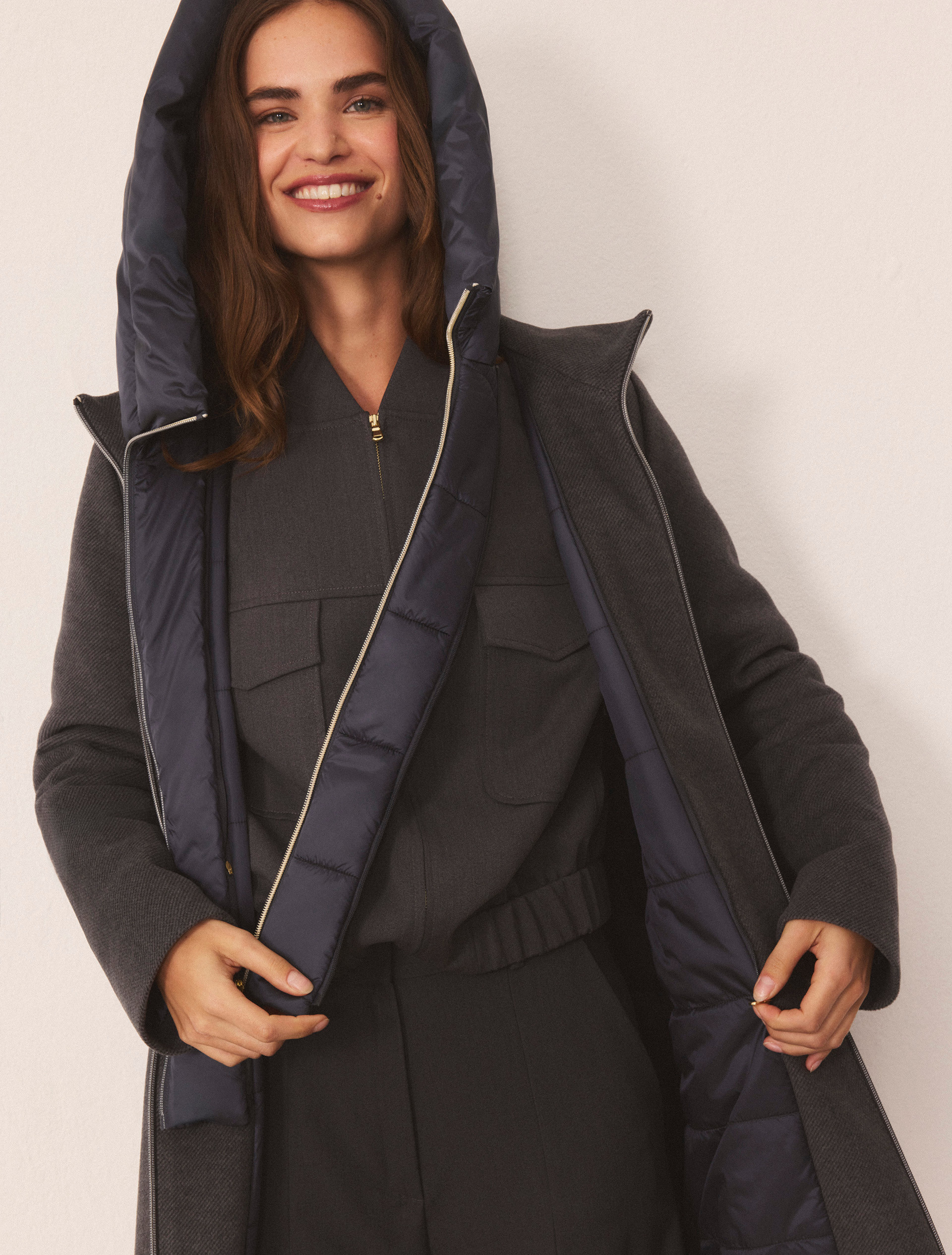 Hooded coat in padded soft cloth - MELANGE DARK GREY - Emme - 2