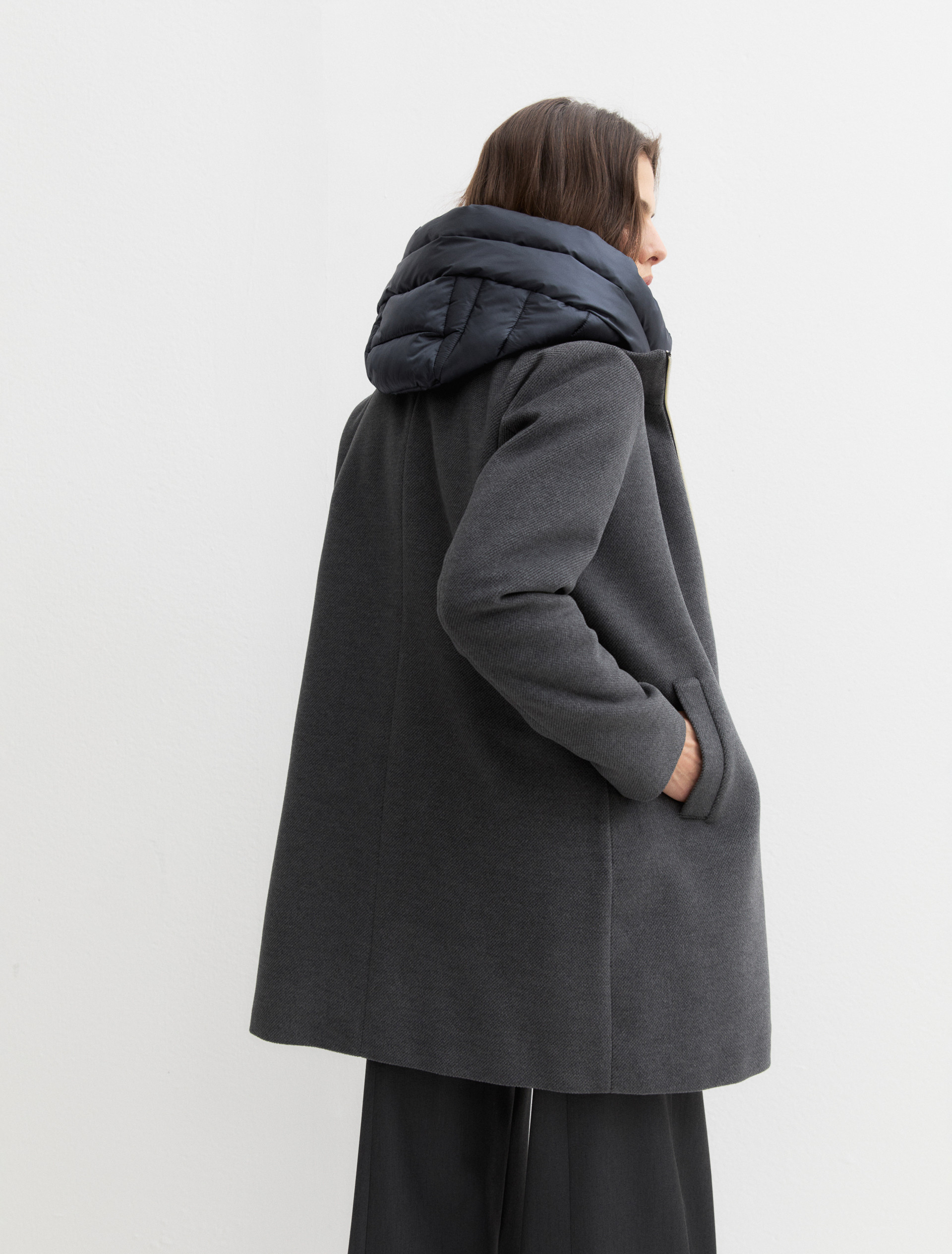 Hooded coat in padded soft cloth - MELANGE DARK GREY - Emme - 3