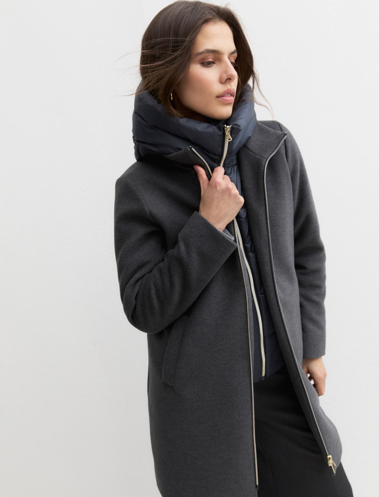 Hooded coat in padded soft cloth - MELANGE DARK GREY - Emme - 8