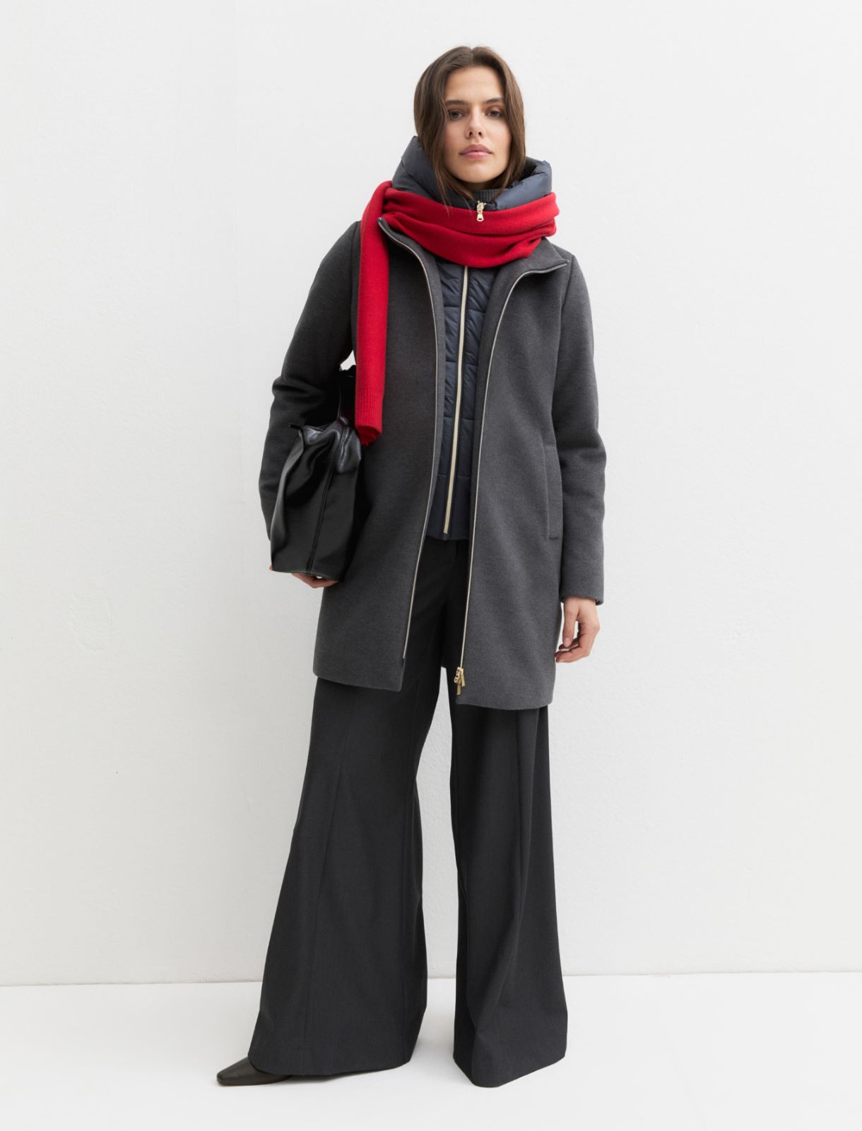 Hooded coat in padded soft cloth - MELANGE DARK GREY - Emme