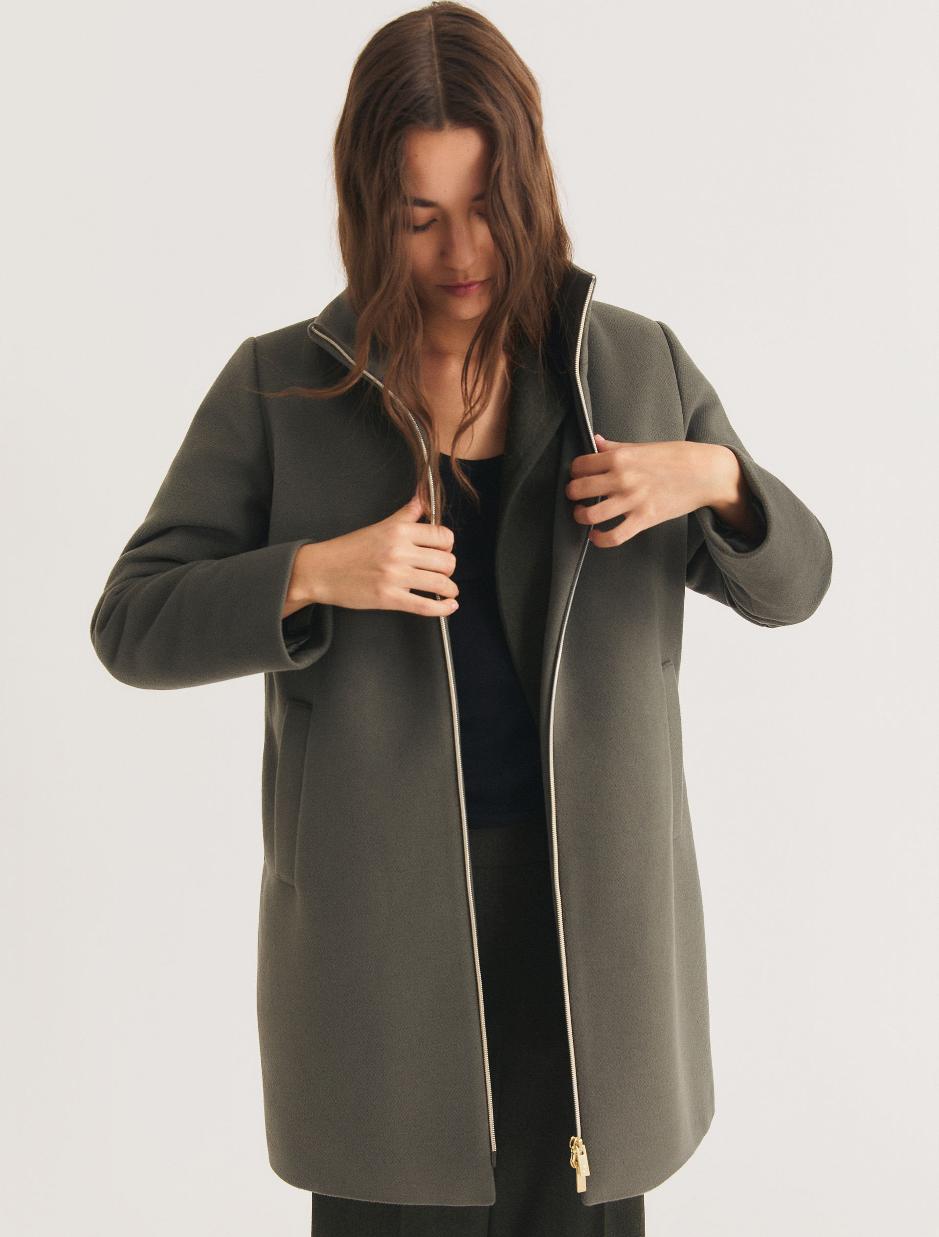 Hooded coat in padded soft cloth - GREYISH GREEN - Emme - 3