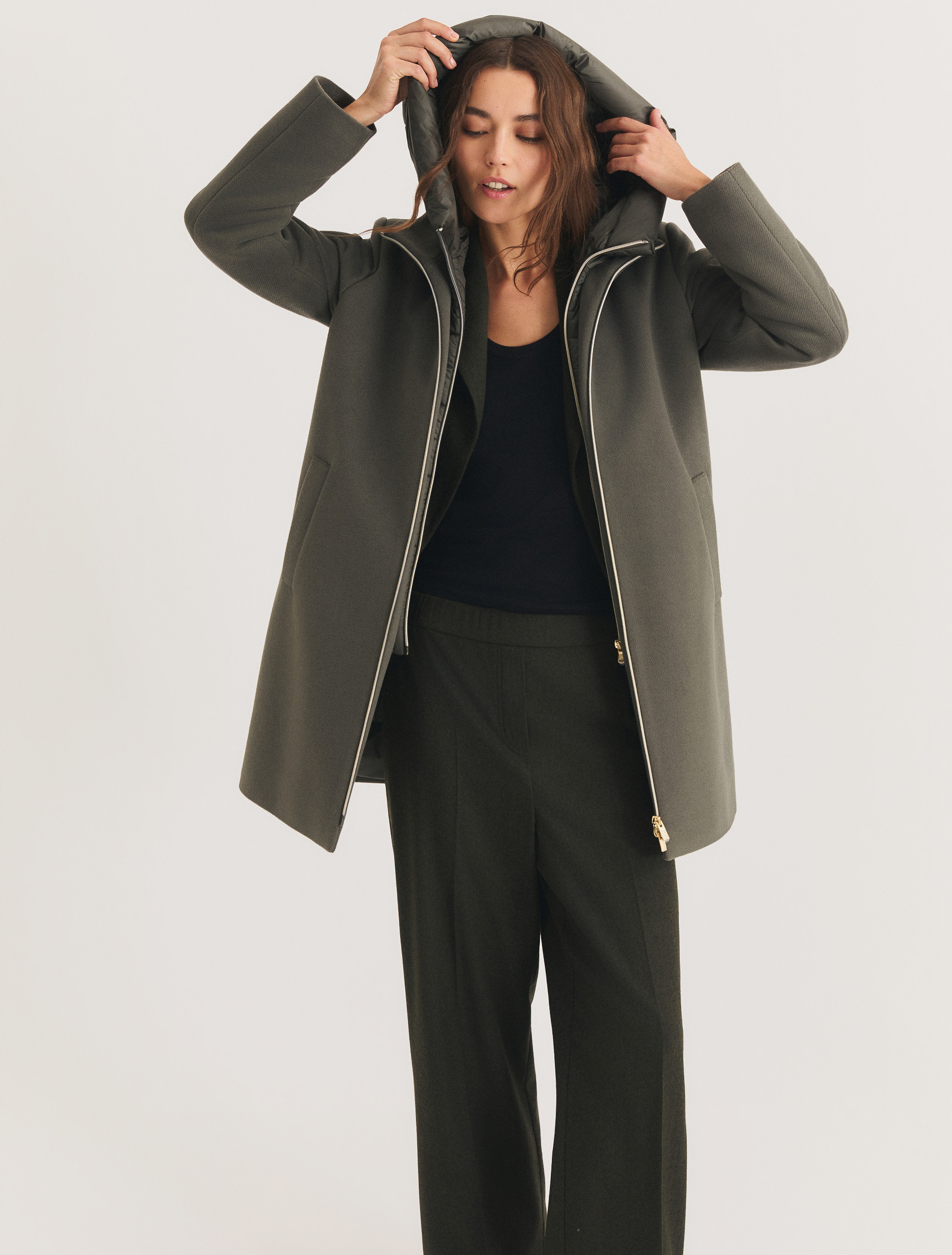Hooded coat in padded soft cloth - GREYISH GREEN - Emme - 4