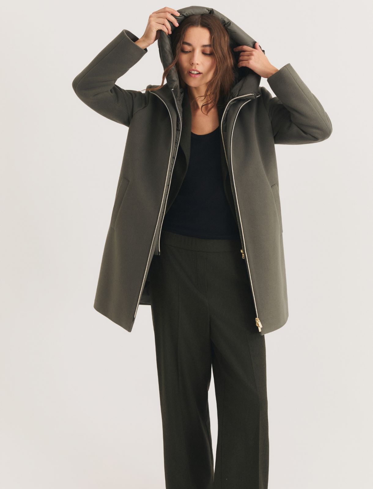 Hooded coat in padded soft cloth - GREYISH GREEN - Emme - 4