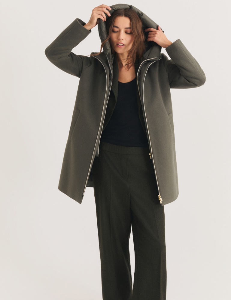 Hooded coat in padded soft cloth - GREYISH GREEN