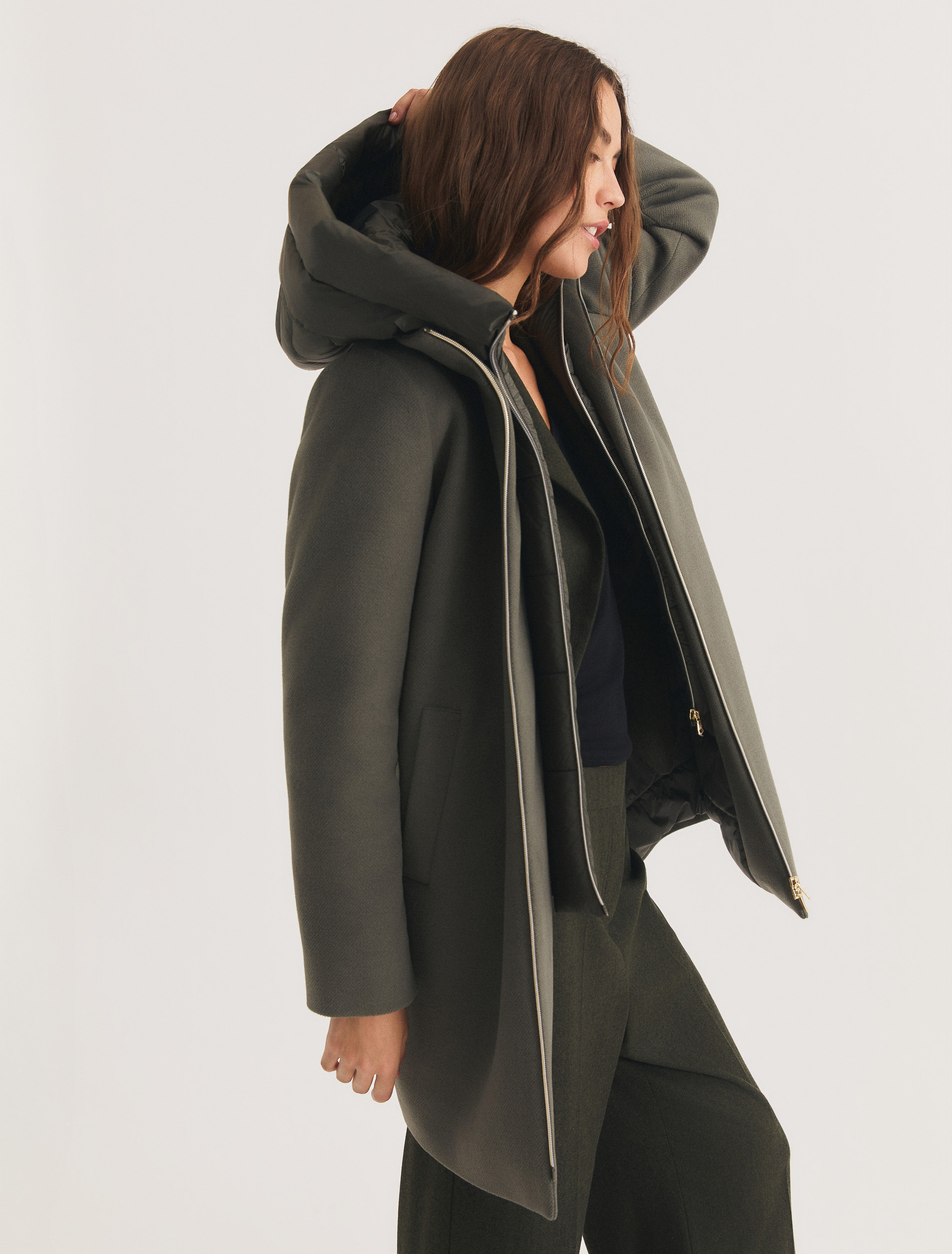 Hooded coat in padded soft cloth - GREYISH GREEN - Emme - 5
