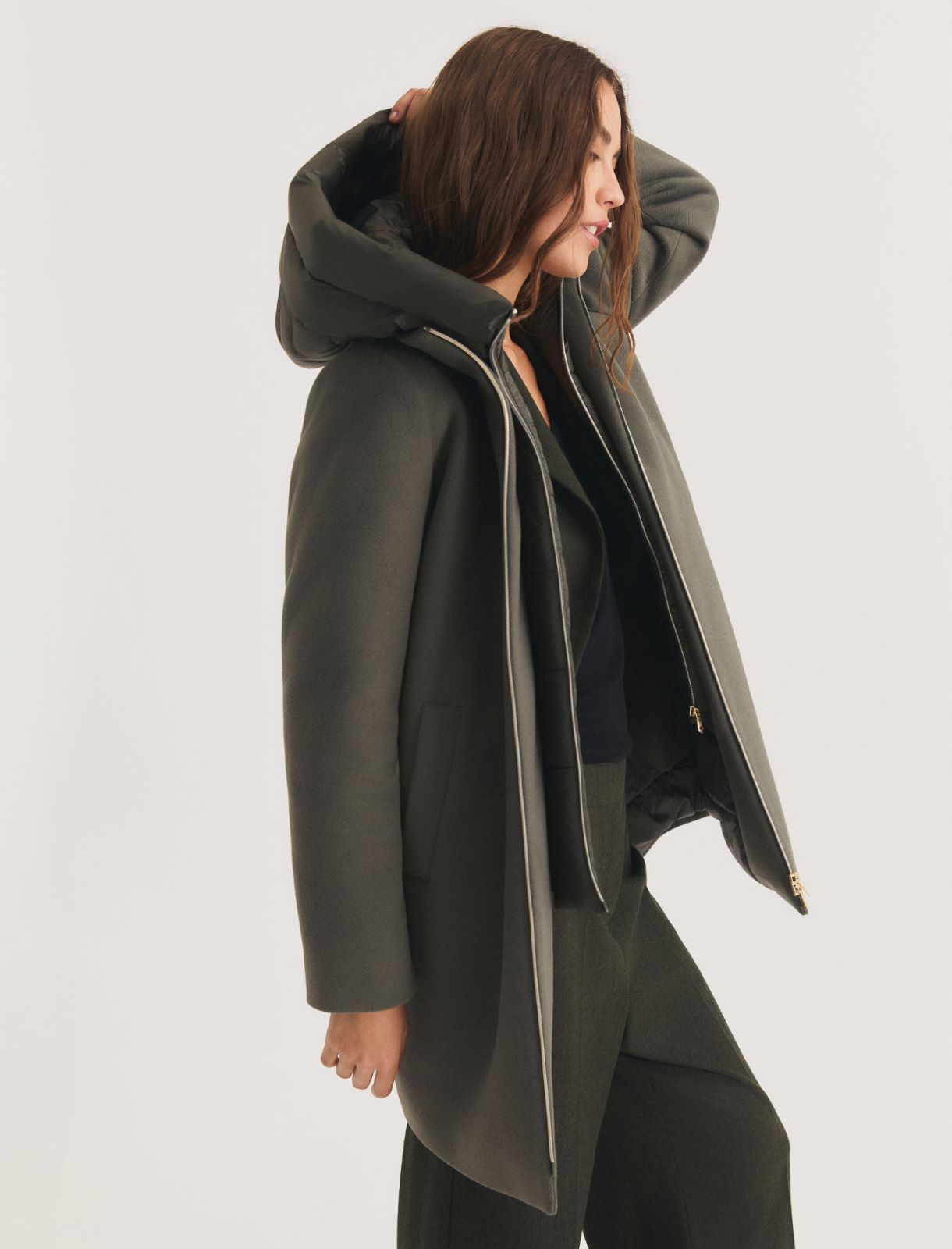 Hooded coat in padded soft cloth - GREYISH GREEN - Emme - 5