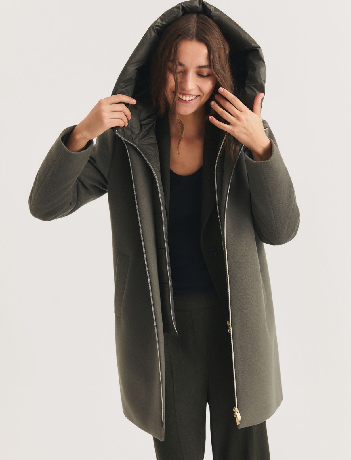 Hooded coat in padded soft cloth - GREYISH GREEN - Emme - 7