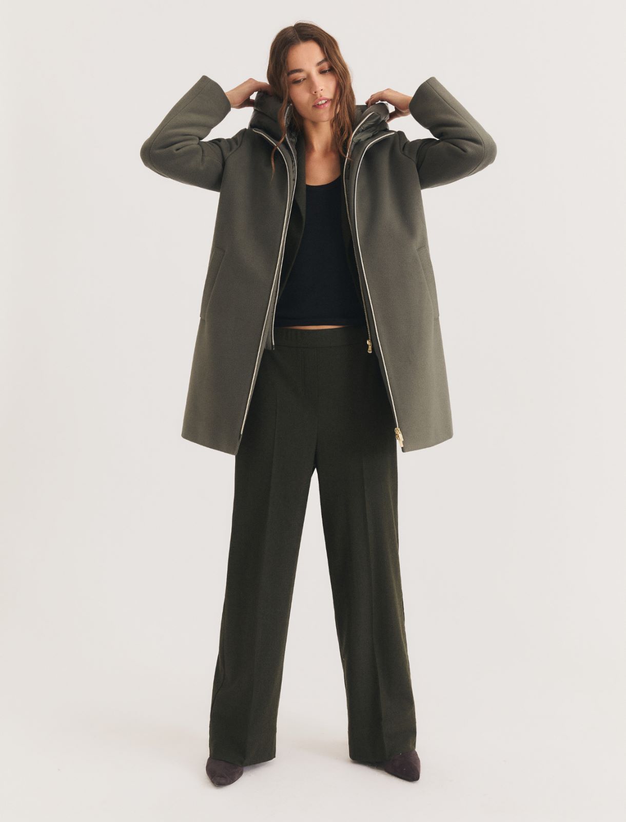 Hooded coat in padded soft cloth - GREYISH GREEN - Emme