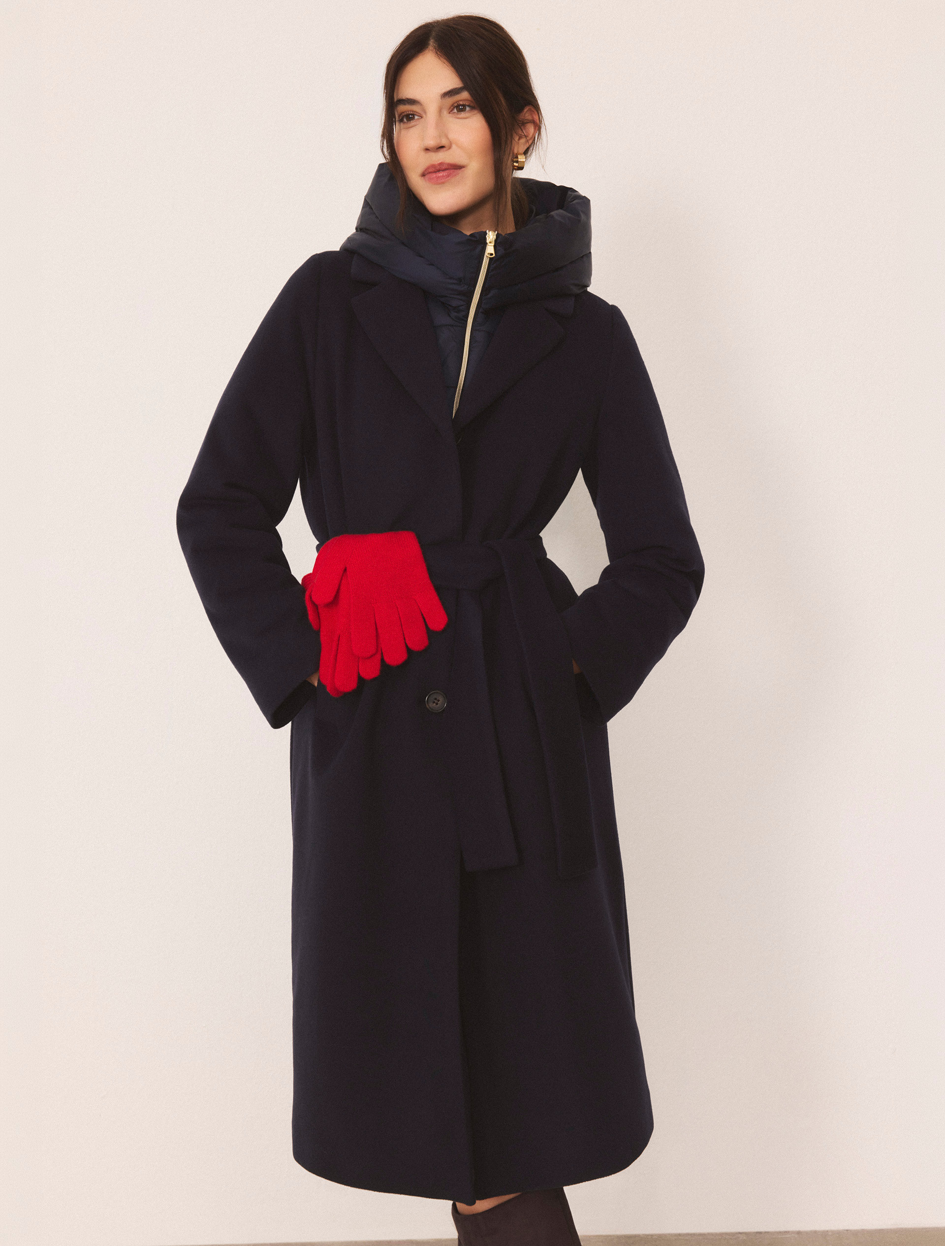 Straight-fit soft cloth coat with a detachable hood - MIDNIGHTBLUE - Emme - 2