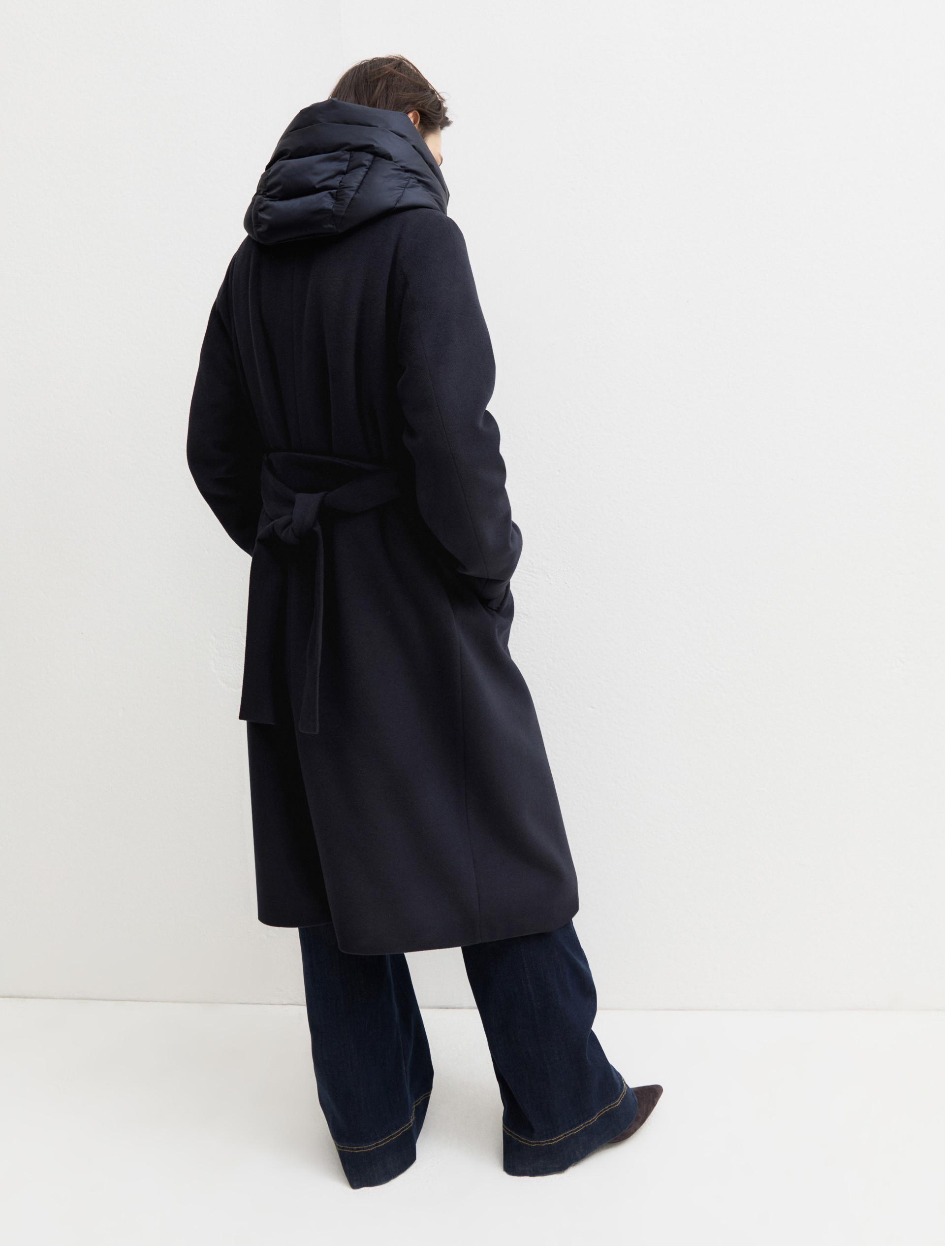 Straight-fit soft cloth coat with a detachable hood - MIDNIGHTBLUE - Emme - 3