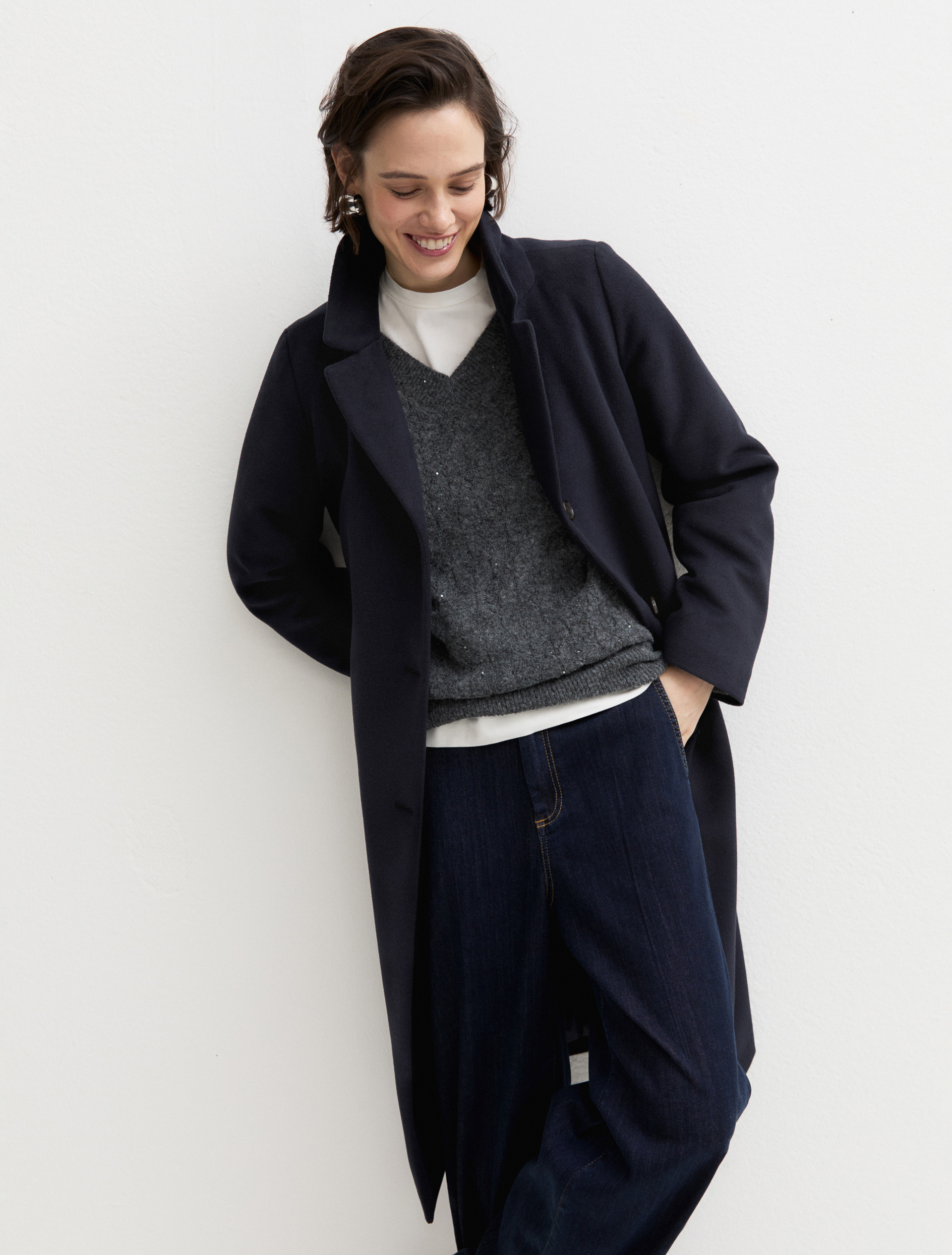 Straight-fit soft cloth coat with a detachable hood - MIDNIGHTBLUE - Emme - 5
