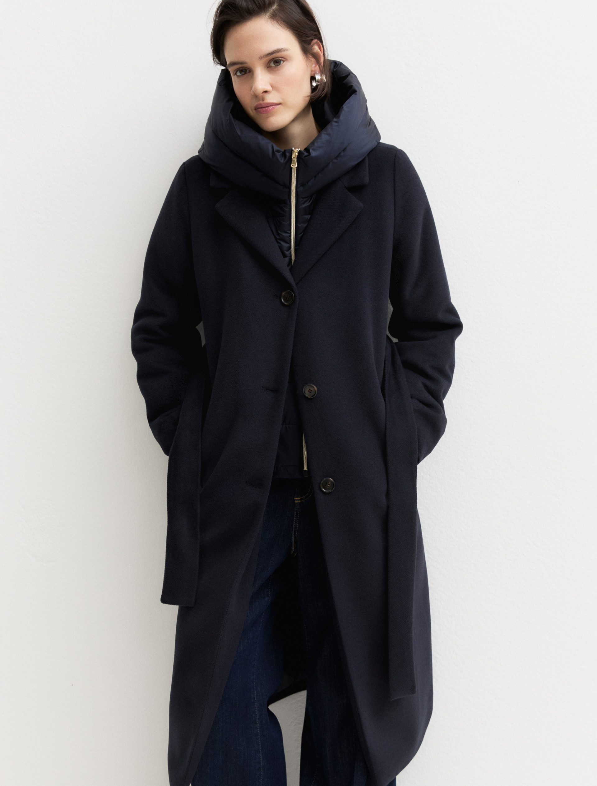 Straight-fit soft cloth coat with a detachable hood - MIDNIGHTBLUE - Emme - 8