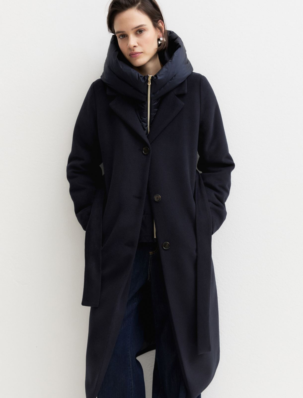 Straight-fit soft cloth coat with a detachable hood - MIDNIGHTBLUE - Emme - 8