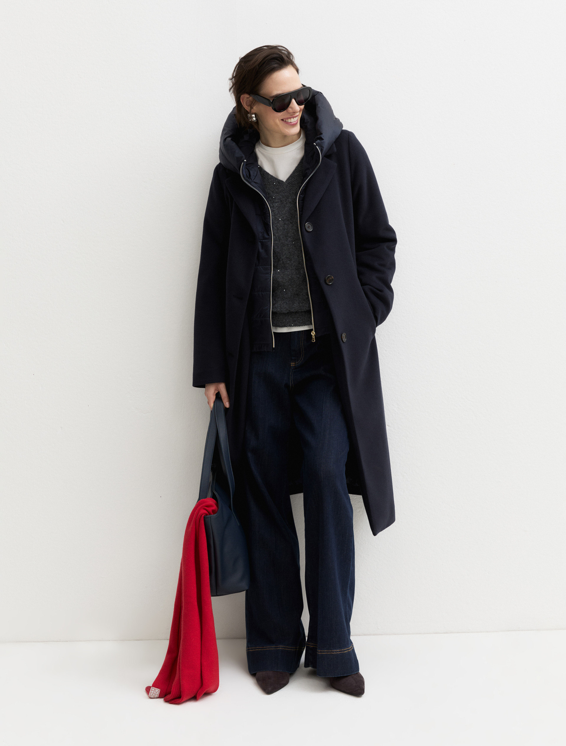 Straight-fit soft cloth coat with a detachable hood - MIDNIGHTBLUE - Emme - 1